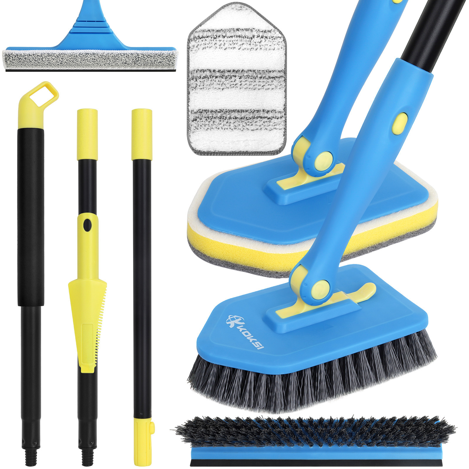 TEMU Koksi 9pcs Long Handle Cleaning Brush For Bathroom, Tiles, Bathtub, Toilet, Shower Extendable Scrubber With Bristles Microfiber And Sponge Heads