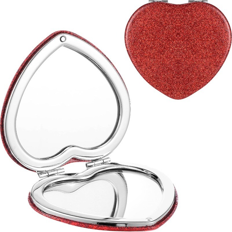 1pc sparkling heart shaped portable makeup   polished stainless   with magnifying glass surface details 2