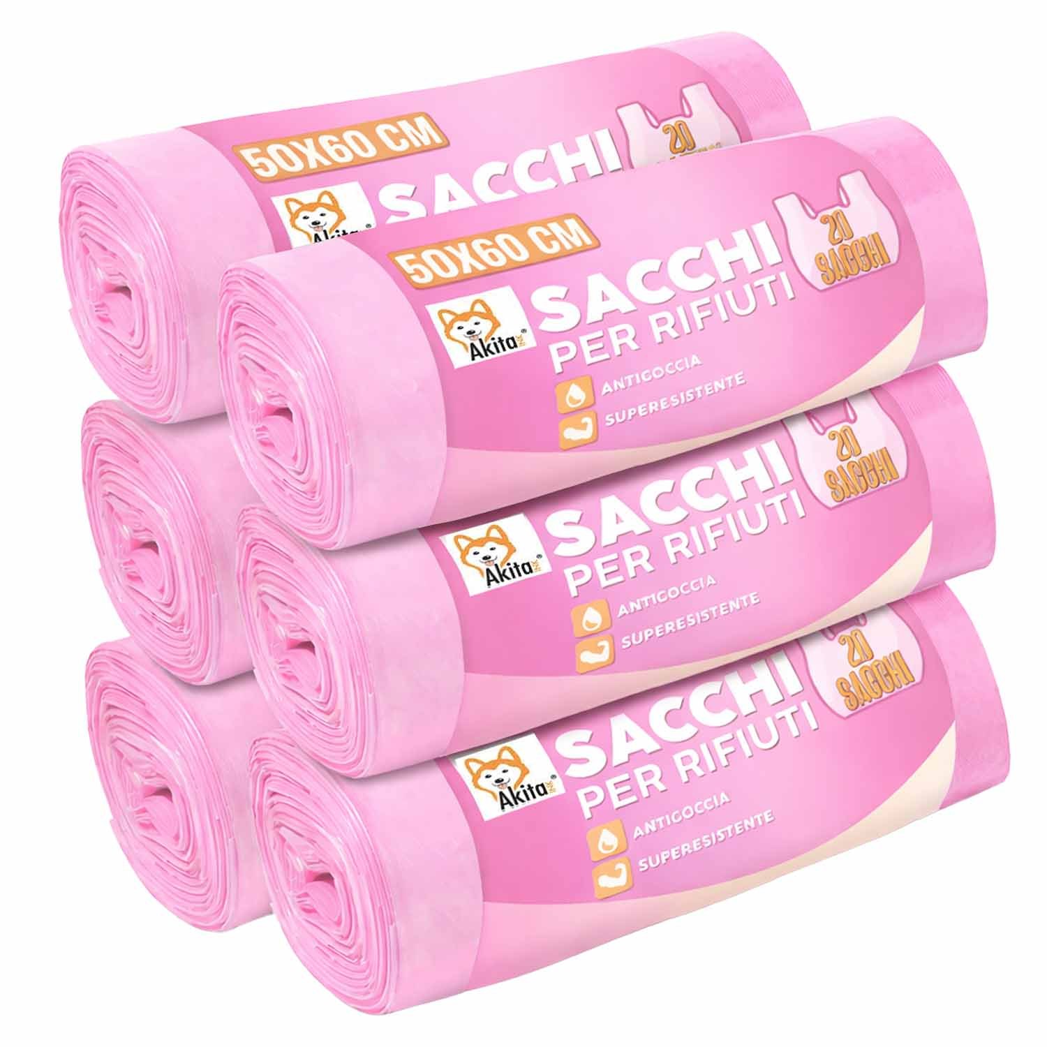 TEMU AkitaInk Sacchi Nettezza Antiforo con Manici 50x60 cm - 6 Confezioni da 20 Sacchetti Rosa, Resistenti e Pratici per Uso
