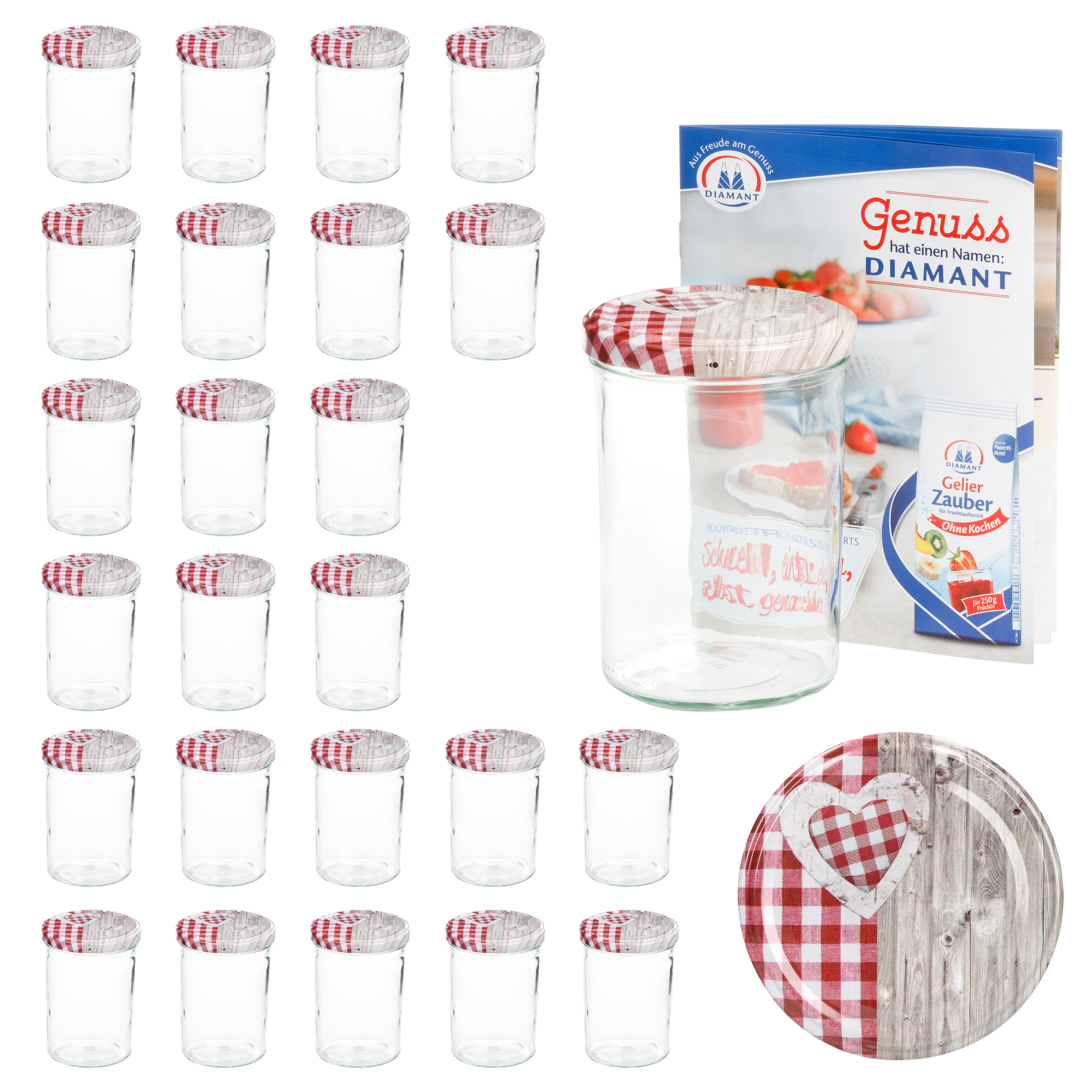Image of 25-piece Set Of 435 Ml Falling Glass Jars With 82 Wooden Heart Lids In Red, Including Recipe Booklet