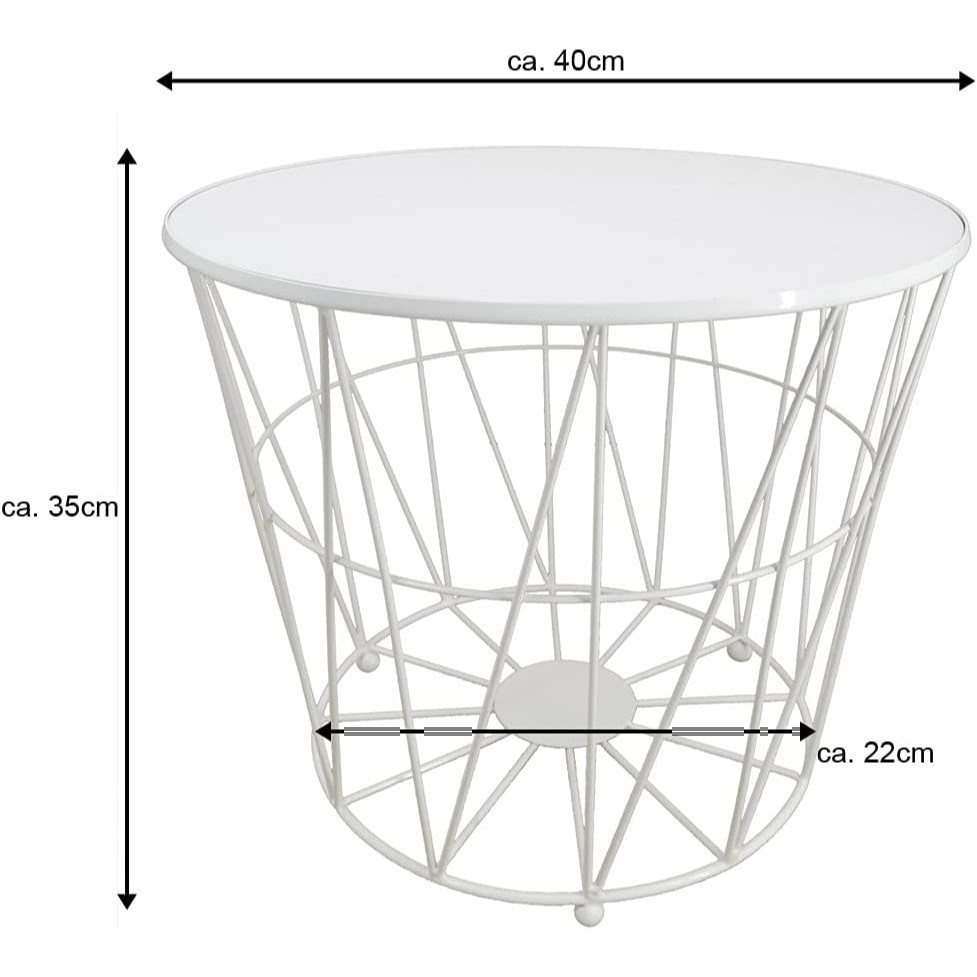 Design Side Table White With Storage & Removable Top – Round Metal Wire Basket Coffee Table – Modern Living Room Table In Geometric Optics – Basket Table (selectable In Size L & Xl)