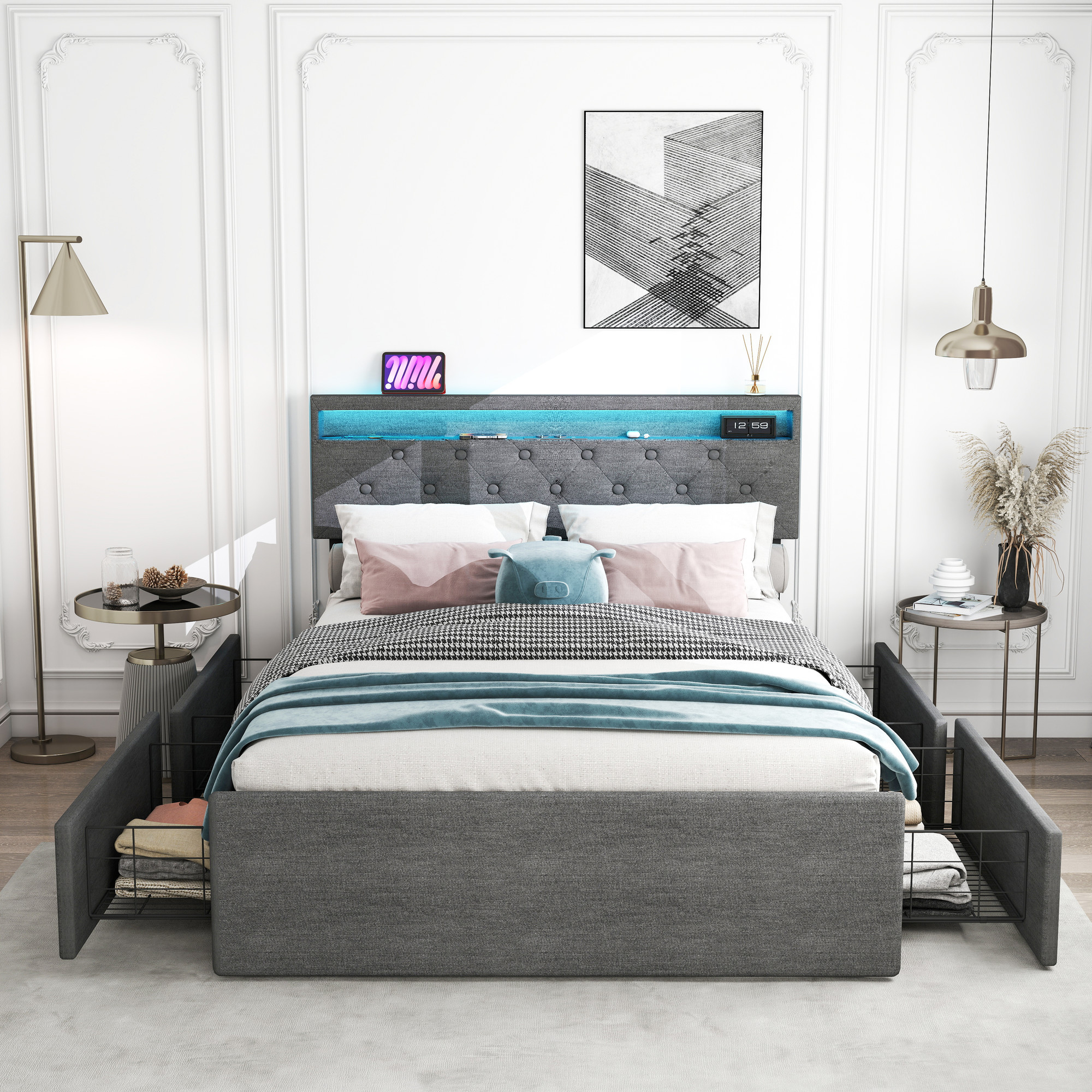 TEMU Polsterbett Doppelbett 140x200 cm mit LED-Kopfteil, Bett mit Stauraum 4 Schubladen, Bettgestell mit Hydraulische Metallrahmen und Lattenrost aus