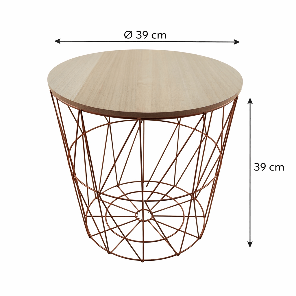 Modern Wire Basket Side Table In Copper Finish – Round Coffee Table With Removable Wooden Lid & Storage Space – Living Room Decor & Storage (size )