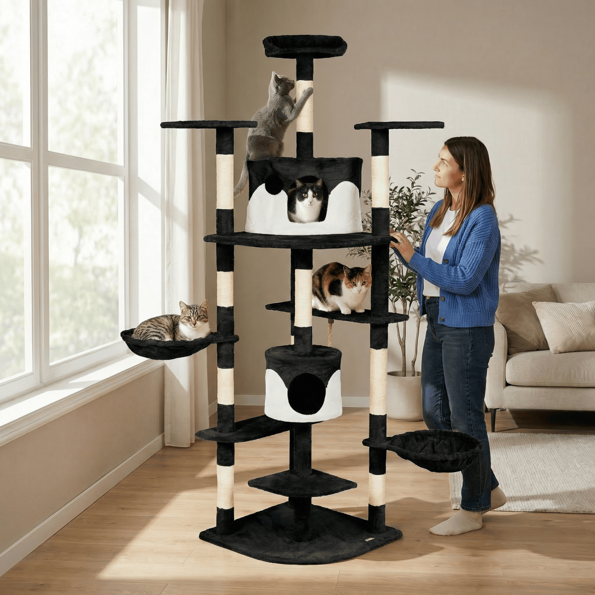 TEMU Casa Basics - Rascador para gatos TIGRA, : 204 cm con Plataformas, cuerda, Casetas, Nidos, Árbol para Gatos Beige/ Negro/