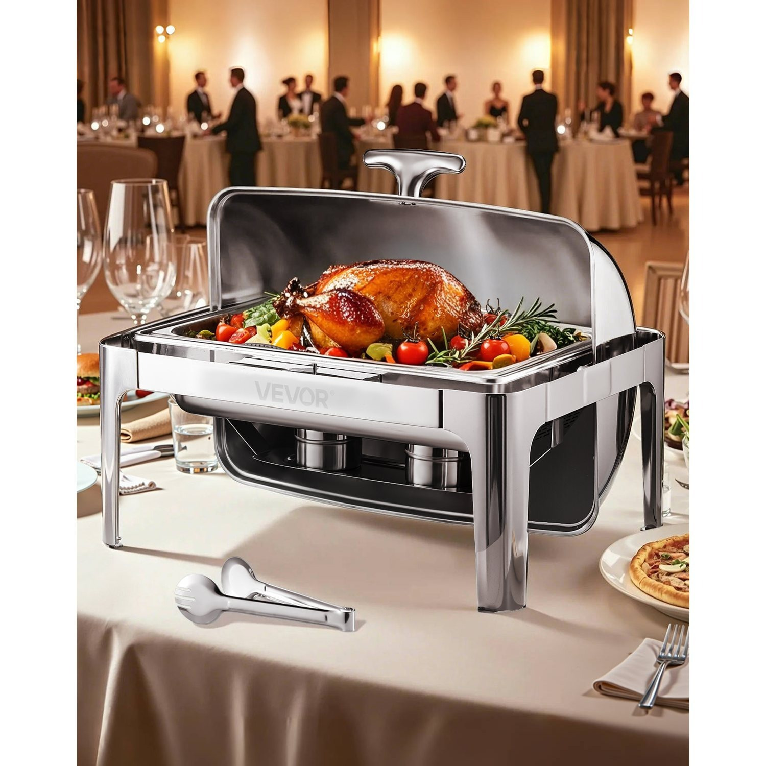 Vevor Roll Top Chafing Dish Buffet Complete Set, 9qt Stainless Steel Chafer With Full Size Pan, Rectangle Catering Warmer Server With Lid Water Pan Folding Stand Fuel Holder Meal Clip, Silver
