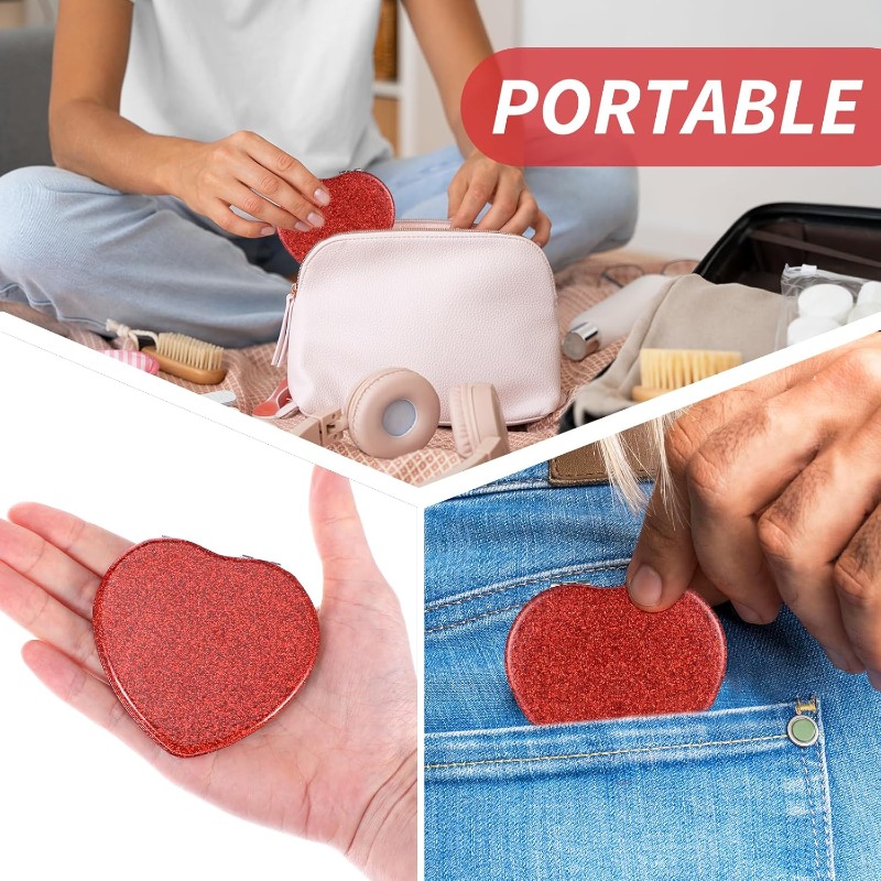 1pc sparkling heart shaped portable makeup   polished stainless   with magnifying glass surface details 3