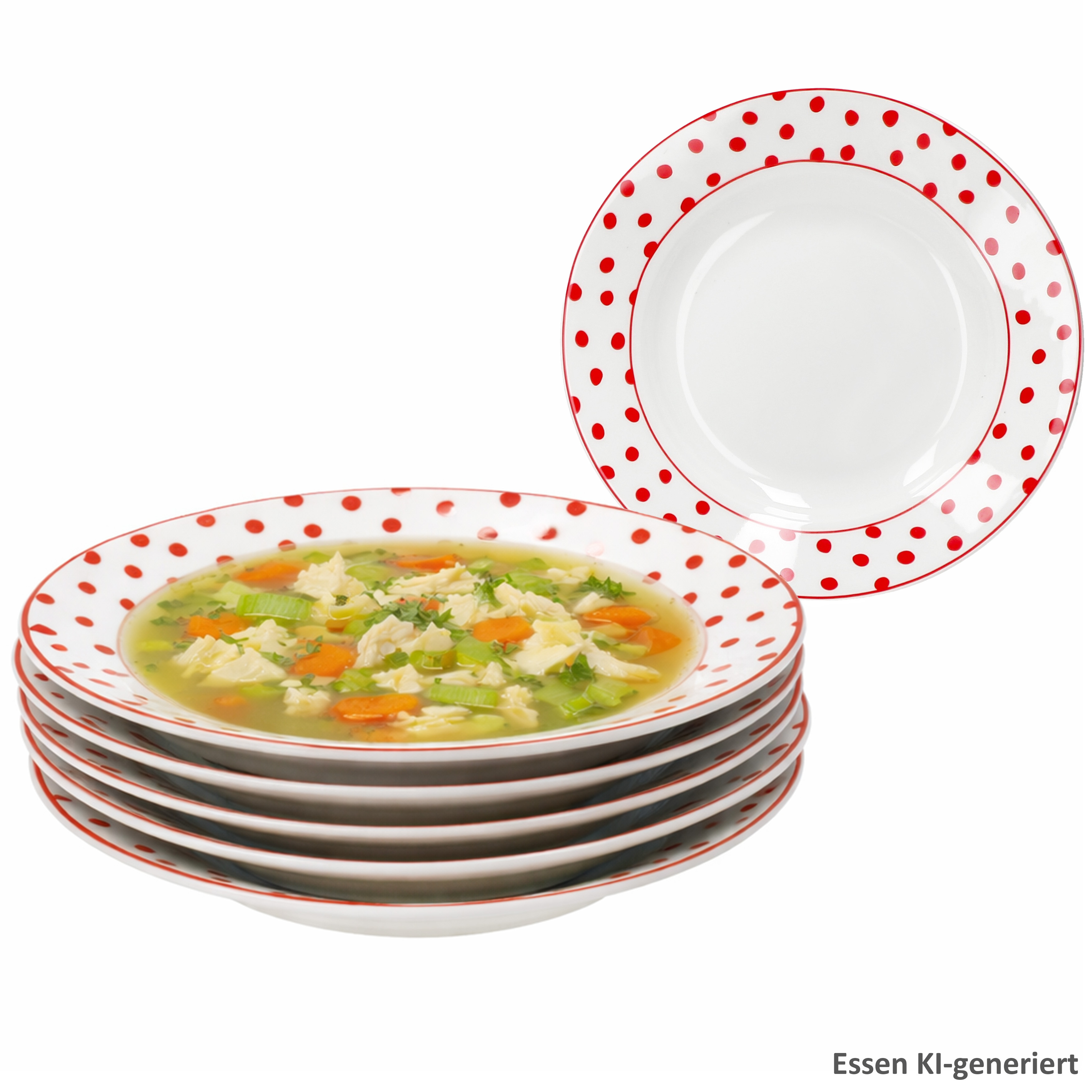 6-piece Soup Plate Set, Red Polka Dot, 200ml, Stoneware, White, For Salad And Pasta