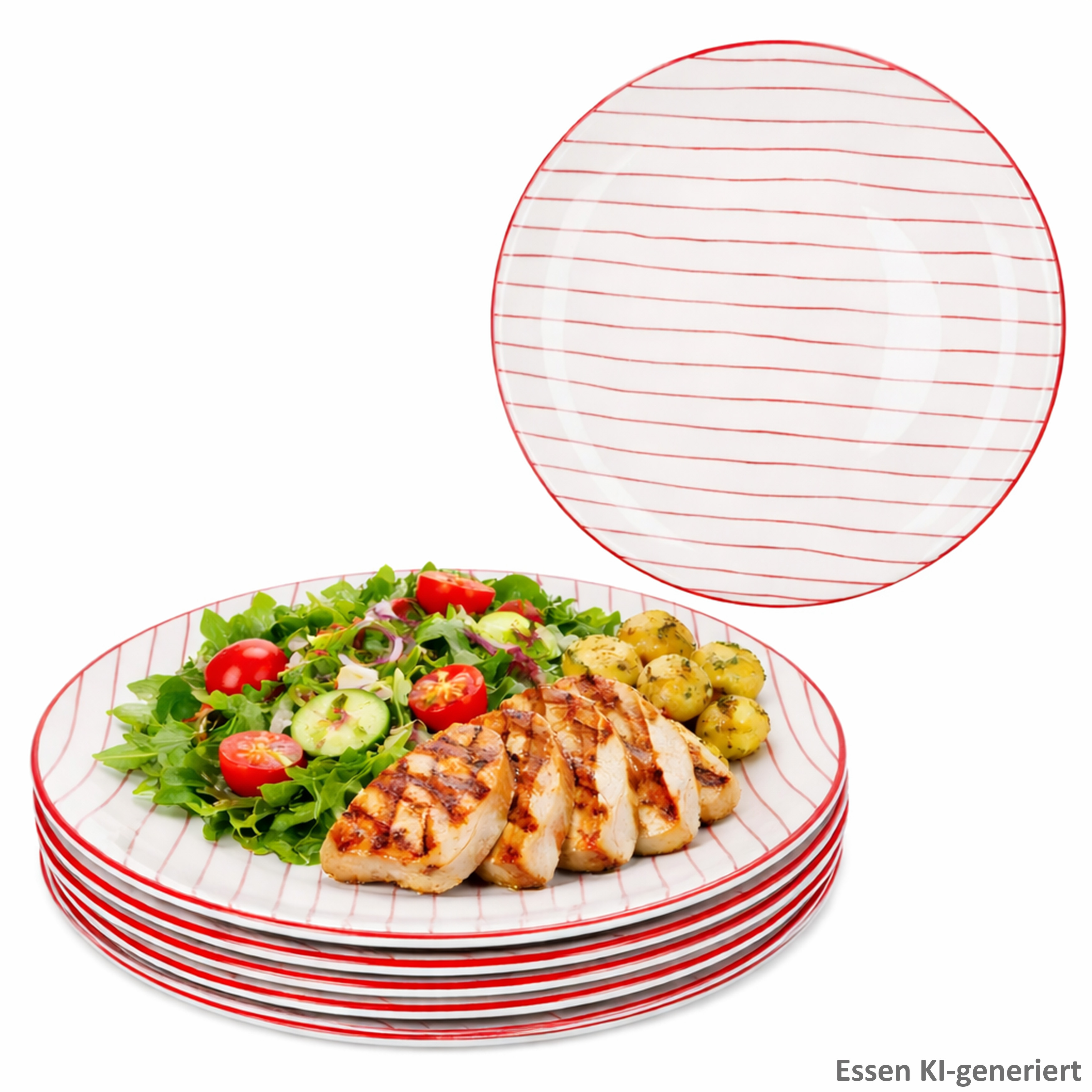 6-piece Set Red Striped Stoneware Dinner Plates Ø25.2cm With Plates