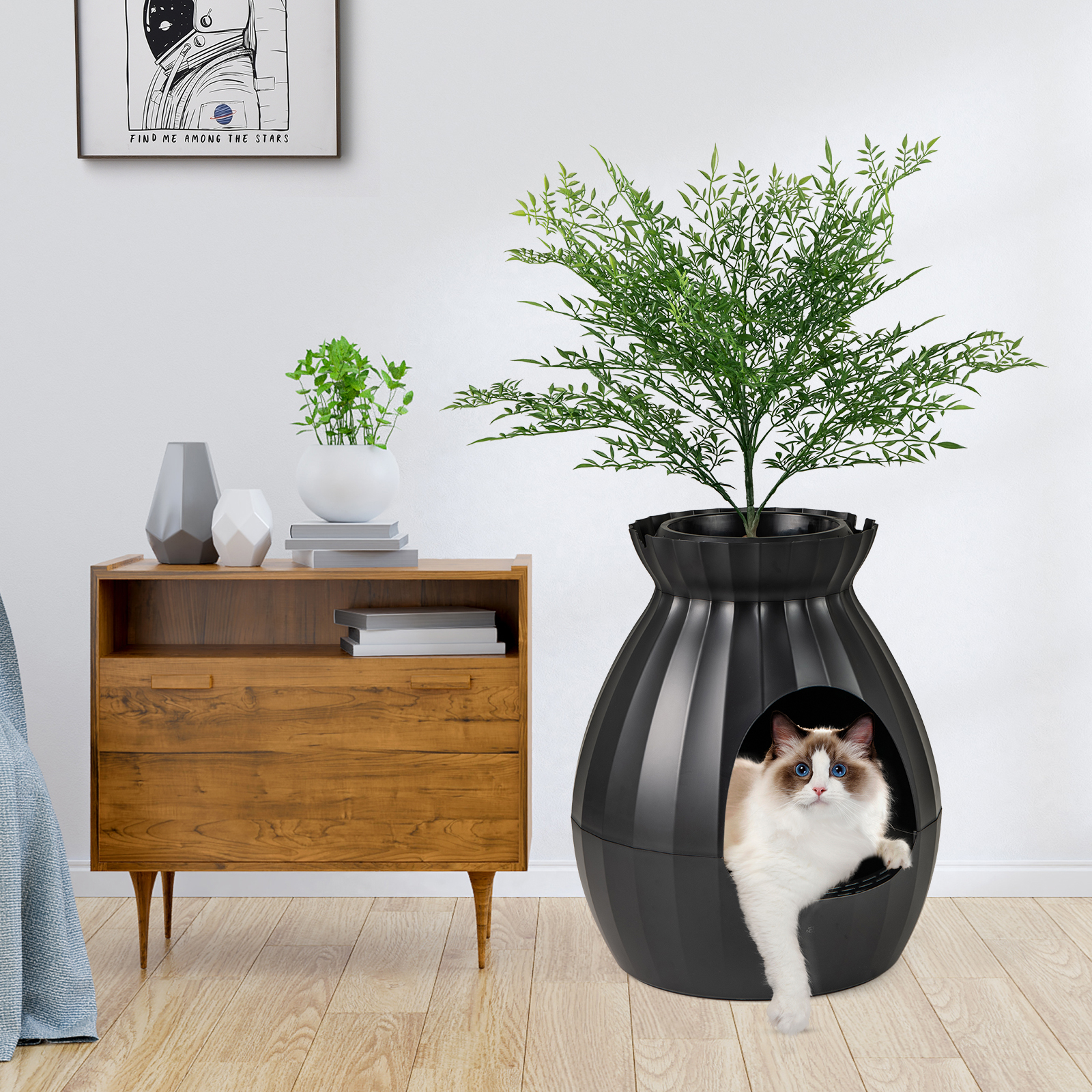 Cat Litter Box W/ Electronic Odor Removal & Sterilization, Hidden Cat Litter Box / Plant, Pebbles, Door Curtain, Scoop, Plant Litter Box For Large Cats & Kittens