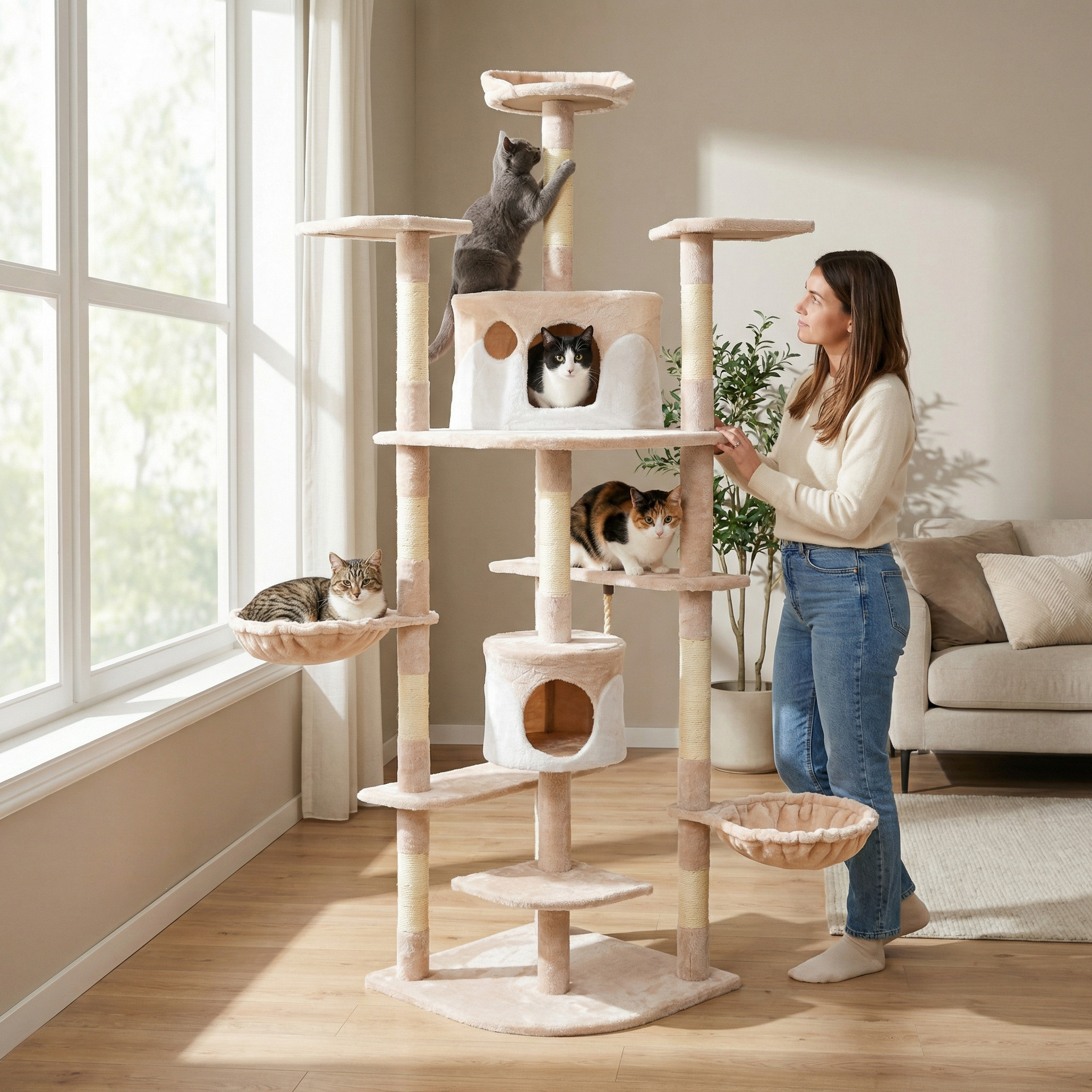 Cat Scratching Tree 204 Cm Casa Basics Xxl Cat Scratching Tree With 2 Caves, 3 Platforms, 2 Hammocks, Sisal Rope & Scratching Columns – Stable Climbing Tree For Cats In Beige/black/grey