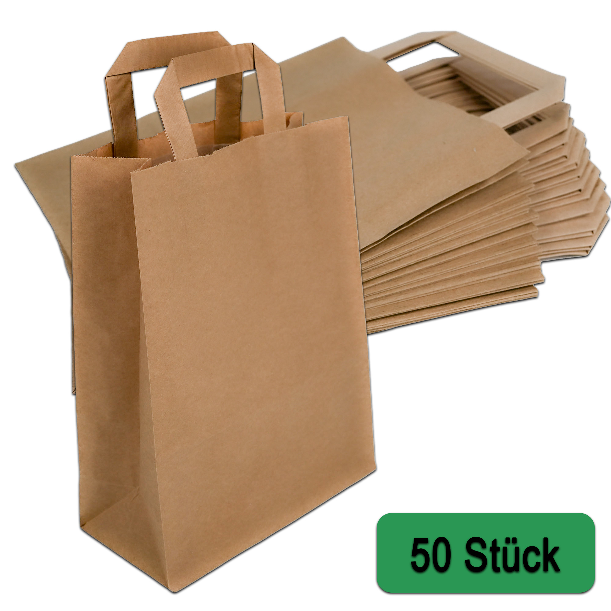 E-shop 50 Papiertragetaschen 22 + 11 x 28 cm mit Flachhenkel Tragegriff Braun | Papiertaschen | Tüten | Papiertüten | Bio Mülltüte | Bio Müllbeutel |