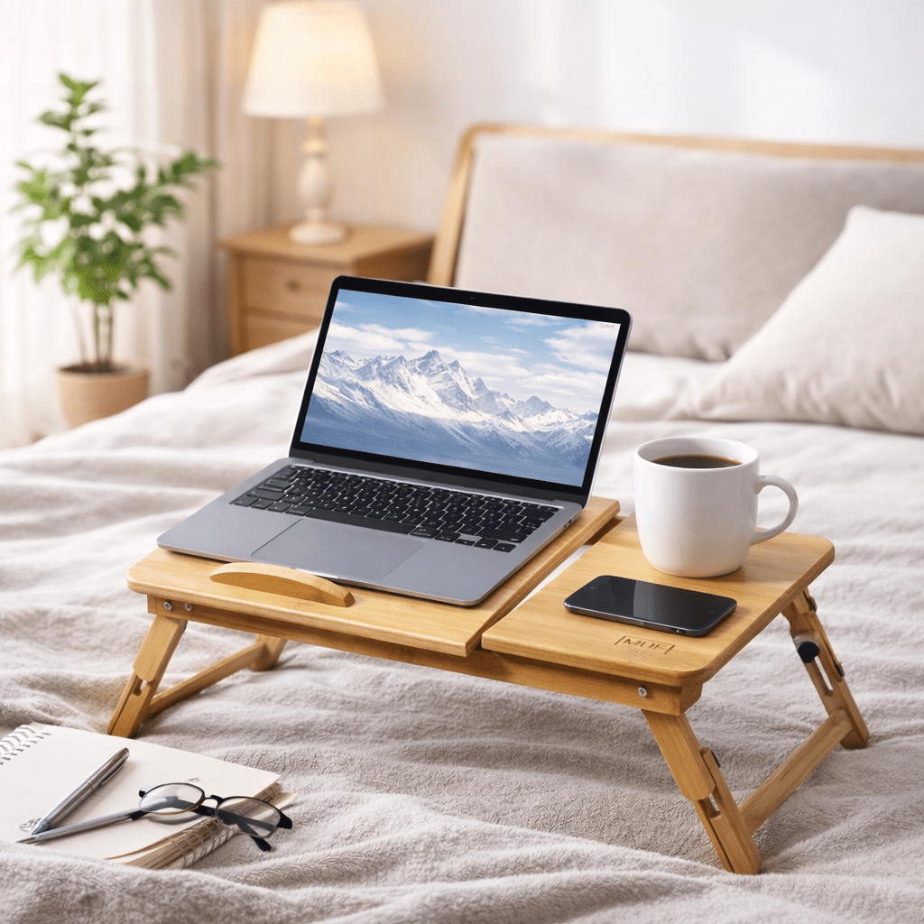 Bamboo Laptop Stand, Foldable, Adjustable, With Ventilation, Breakfast Tray, Tablet Holder, Adjustable Height