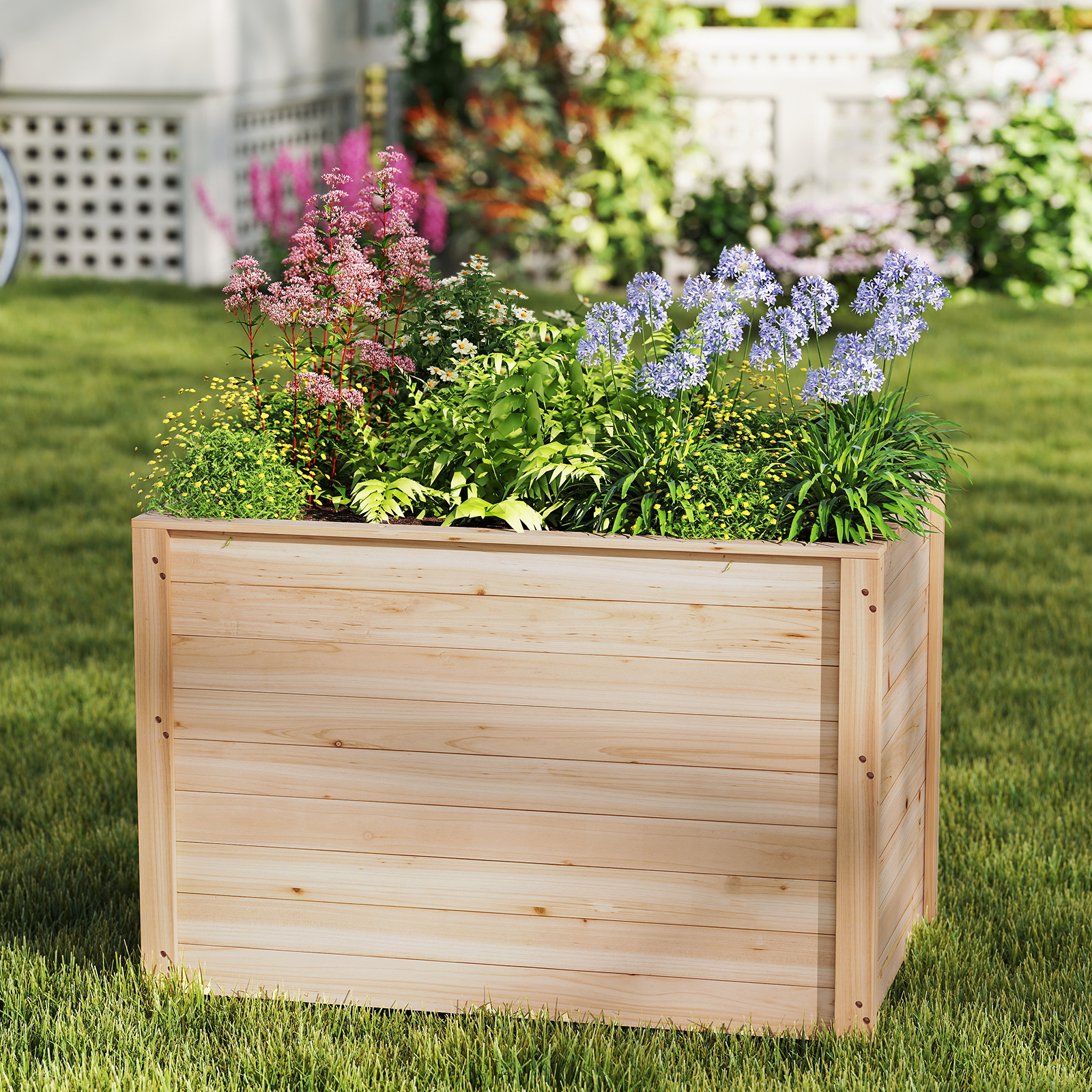 Image of Wooden Raised Garden Bed, 100 .5 Cm Elevated Planter Box W/ Open-ended Base For Deep- Vegetable Fruit Flower Shrub , Outdoor Solid Wood Planter For Patio Backyard Greenhouse