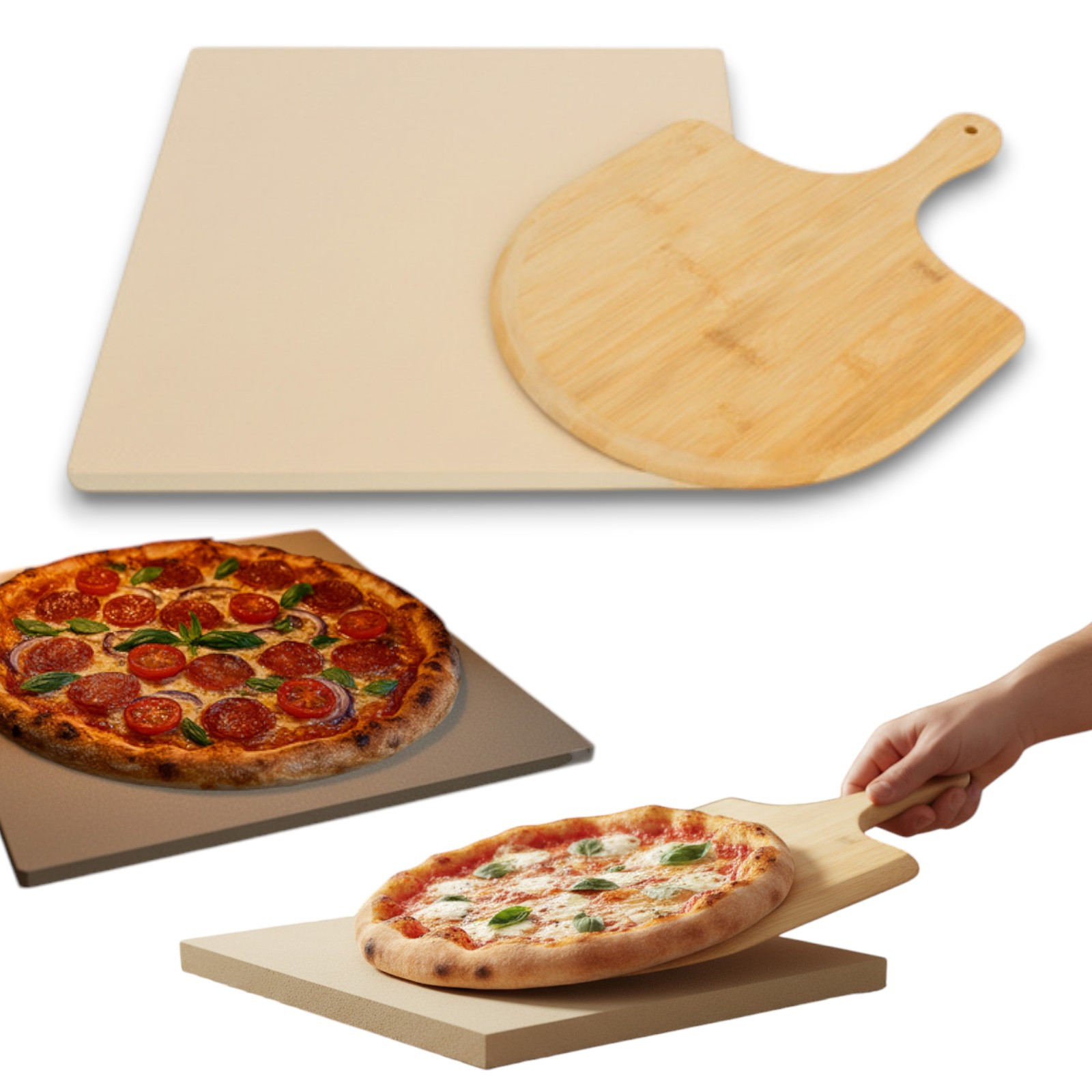 Image of Stone For Pizza With Bamboo Paddle Cordierite Plate 38x36 Cm Board Xxl Cordierite Moisture Drainage High Temperature Resistance Bamboo Paddle In Set Thick, Durable Stone