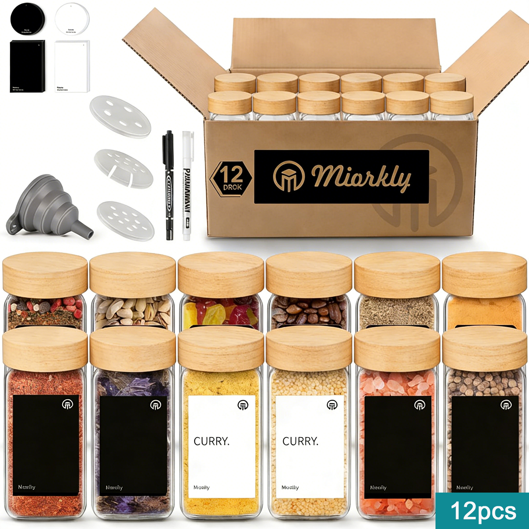 E-shop Gewürzdosen eckig mit Streueinsatz, 12er Set, 120 ml, Gewürzdosen, hochwertige Holzdeckel aus Bambus, Gewürzdosen, Gewürzstreuer, Glas mit