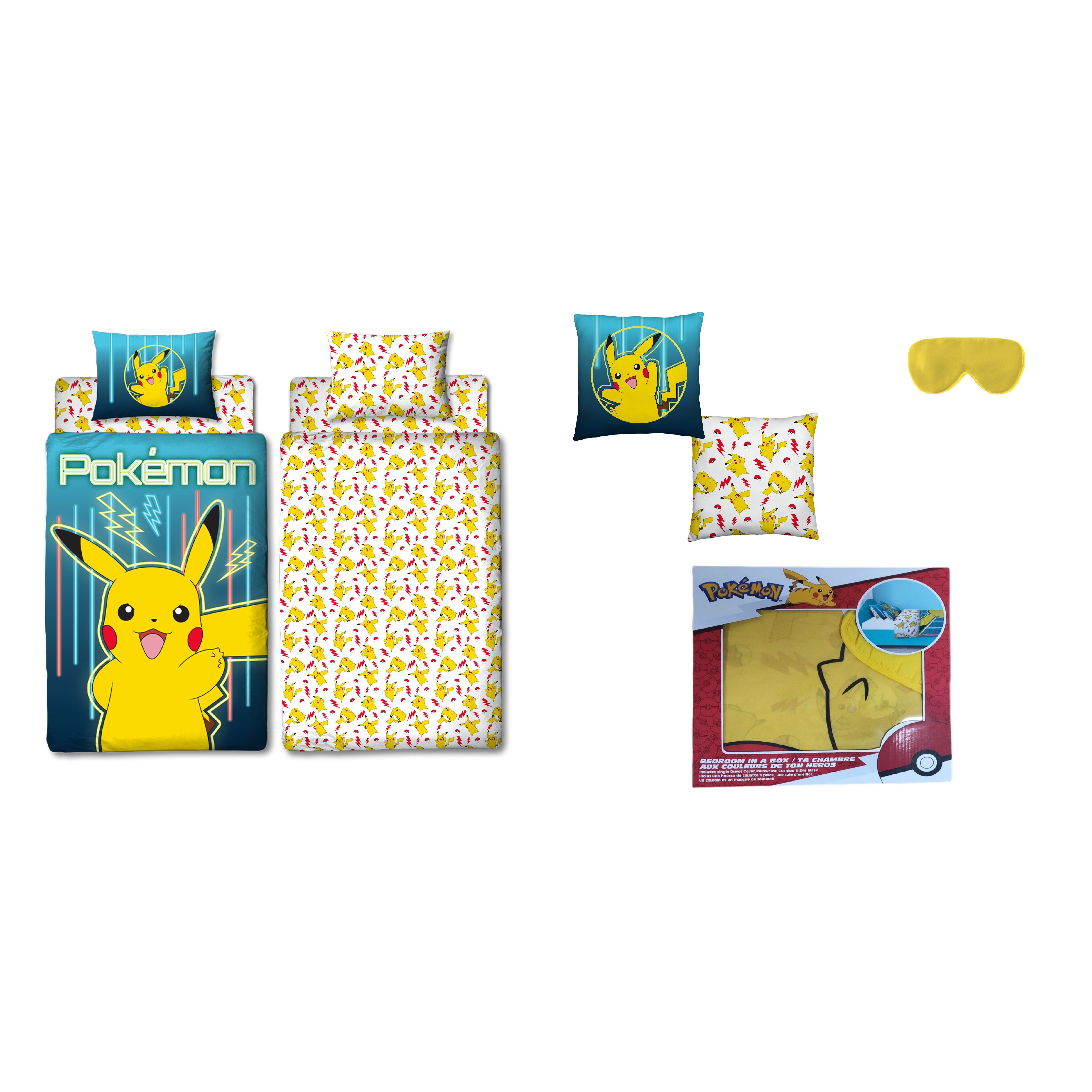 Image of Pokémon, Children's Set For Single Bed, Pikachu Theme, 4pcs Reversible Duvet Cover Set 140x200 Cm + Pillowcase 63x63 Cm + Cushion 30x30 Cm + Sleep Mask