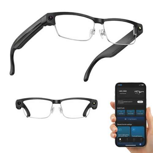 GetD Bluetooth Smart Glasses – Black/Gray With Stereo Speakers, Music & Translator, UV Protection
