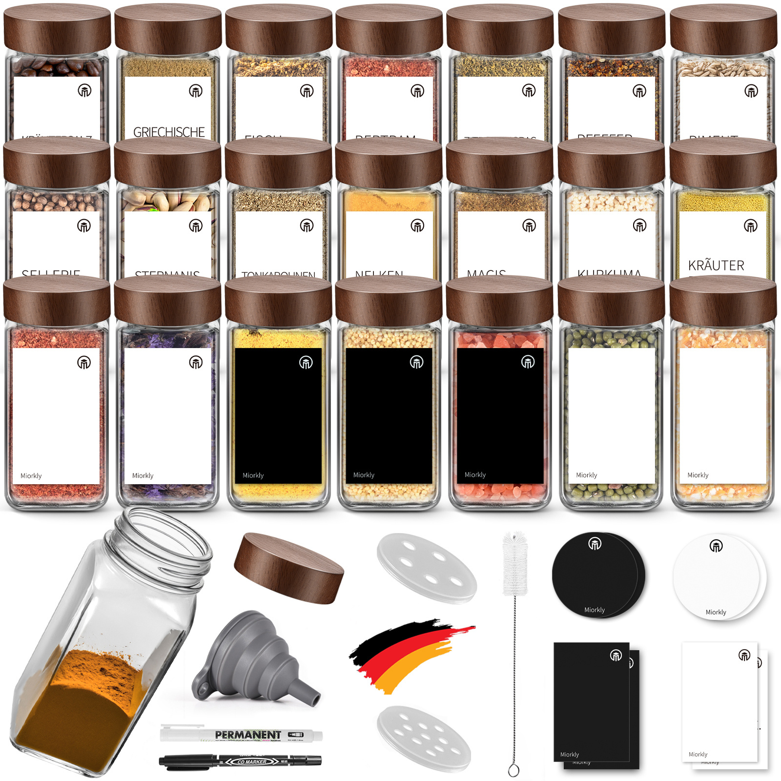 E-shop 24 Stück, Gewürzglas-Set, Gewürzgläser aus Glas mit Sandelholz-Deckel, 120ml Gewürzbehälter für Küchengewürze und Gewürze, Küchenvorratsgläser,