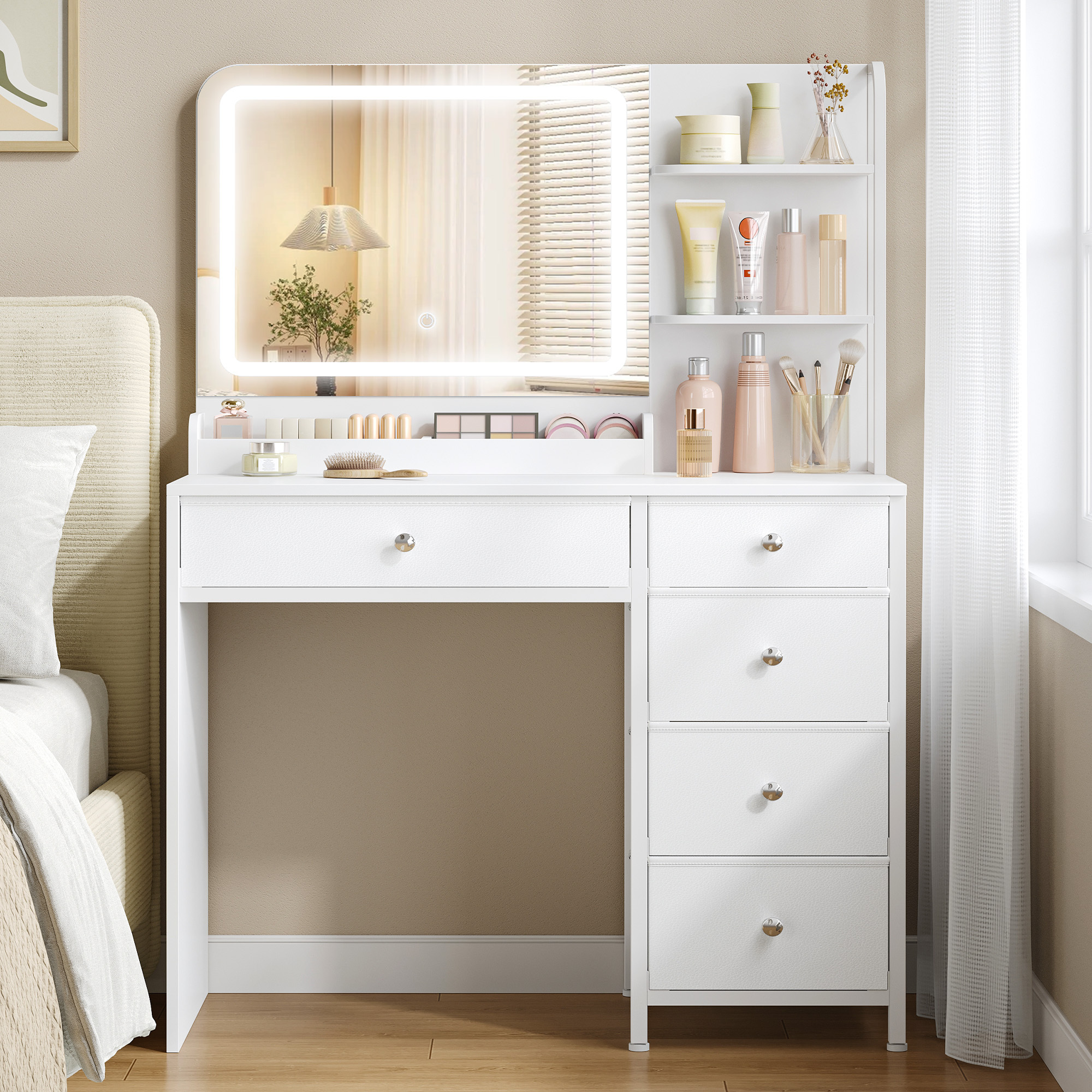 Makeup Vanity With Led Lighting, Large Hd Mirror, 5 Drawers, And 2 Storage Shelves, Ideal For Bedroom, Modern White