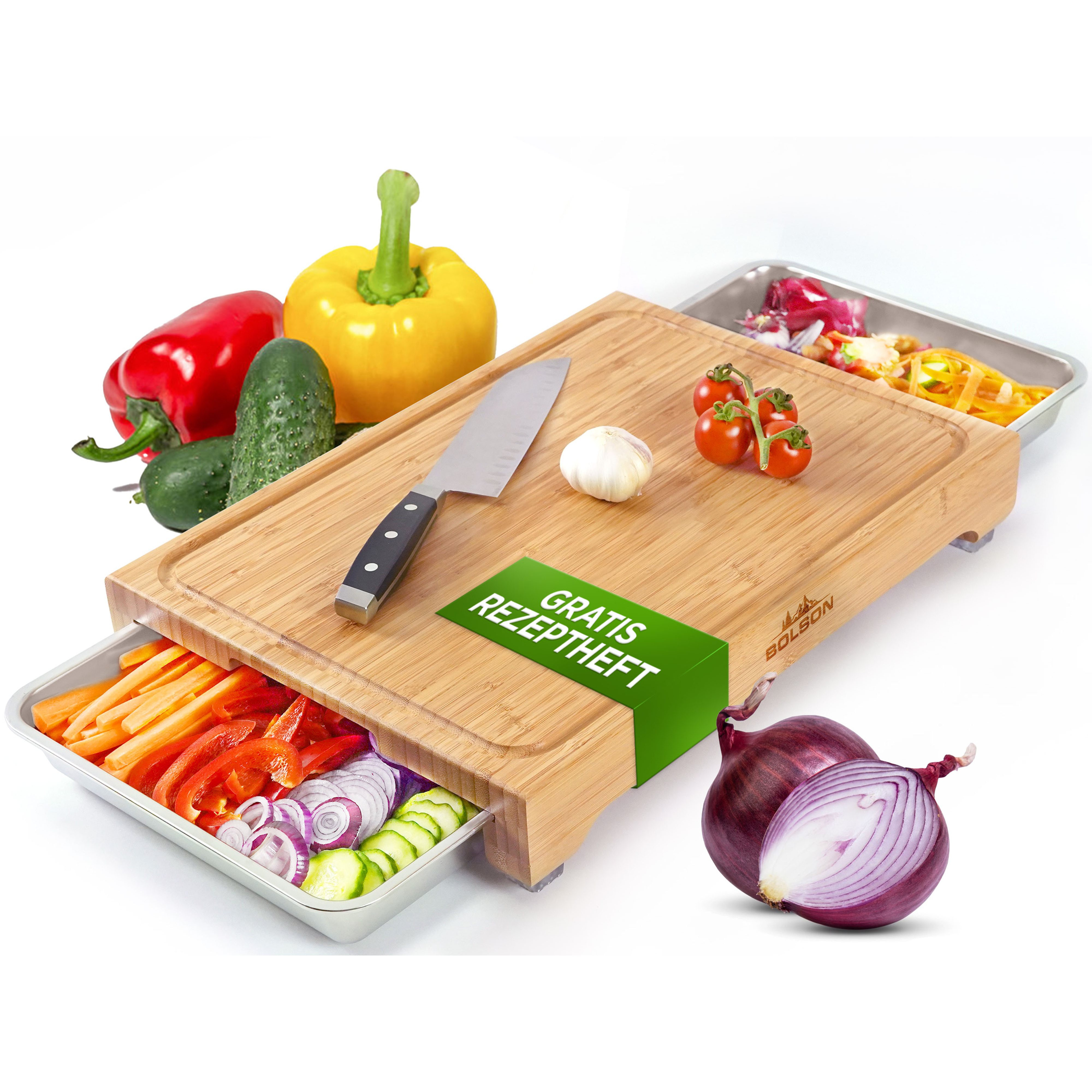® Bamboo Cutting Board With 2 Catchment | Bamboo Wooden Board With High-quality Stainless Steel Catchment Trays | Practical With 2 Containers | Free Recipes & Tips