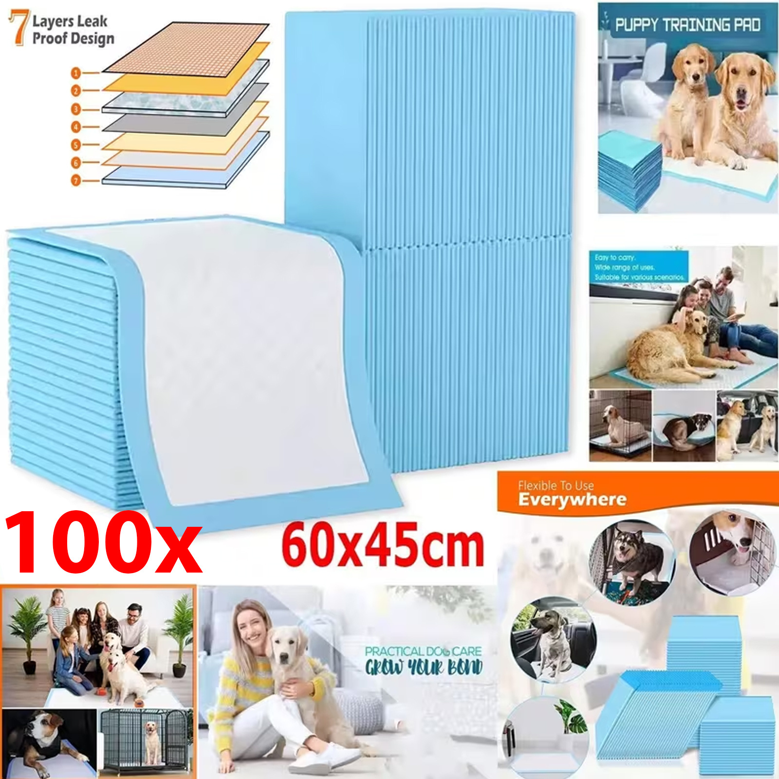 TEMU 100pcs Absorbent Dog Training Pads, Heavy-duty Fabric Puppy Pee Pads, 60x45cm Leak-proof, Washable, Suitable For Large Dogs, Blue