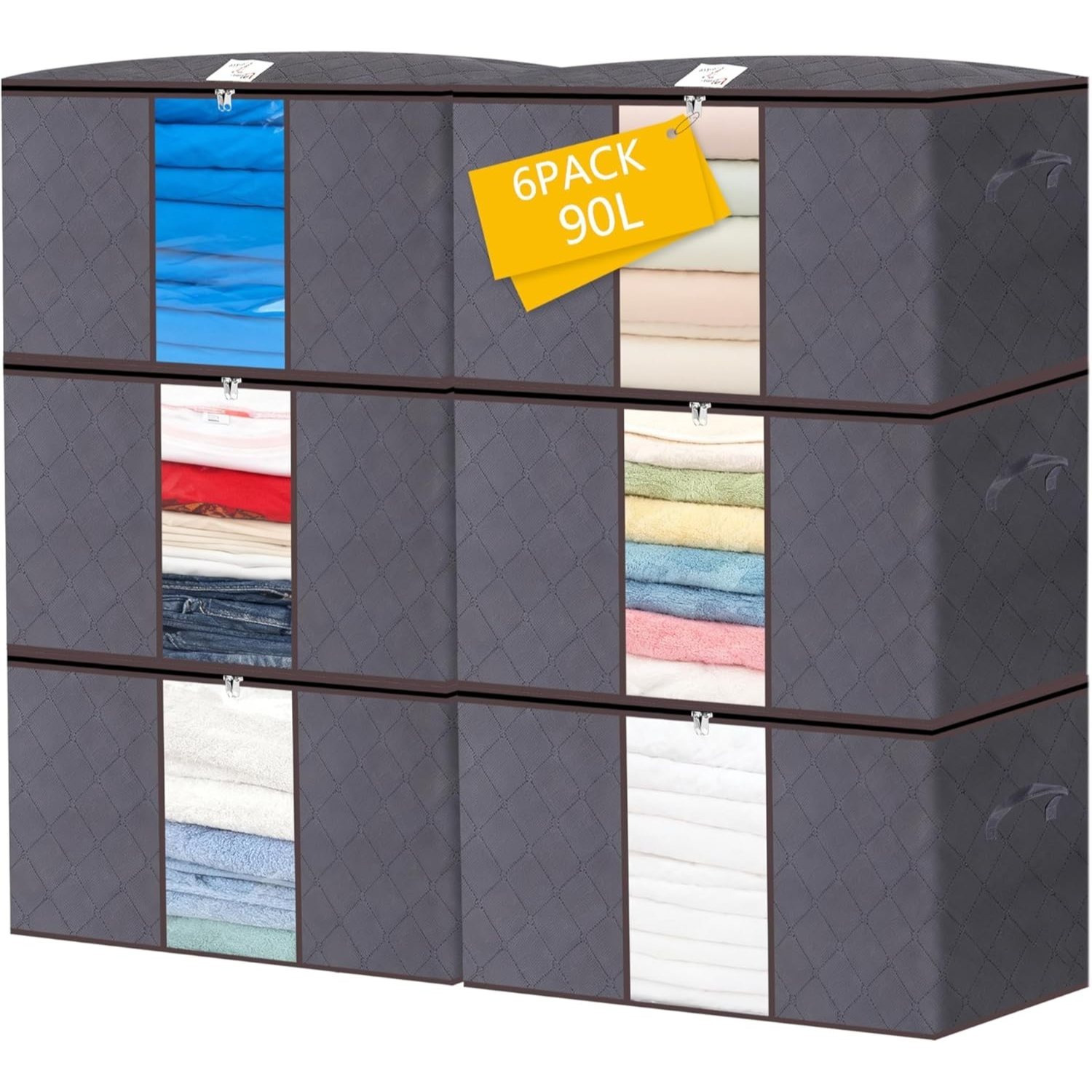 TEMU 6pcs 90l Large Capacity Fabric Storage Bags For Clothes & Bedding | Foldable Wardrobe Organizers With Handles & Clear Window | Dust & Moisture