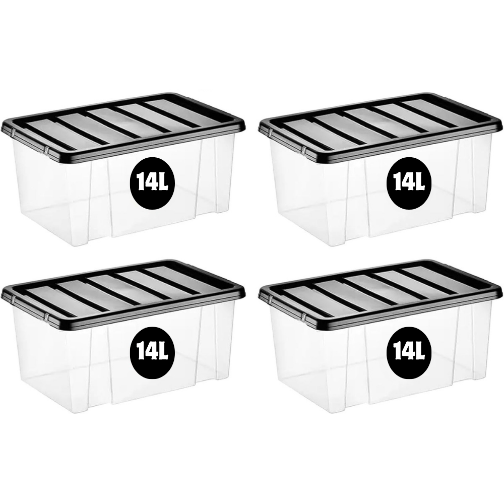 TEMU 4-pack Plastic 14 Litre Storage Boxes – Black Lid | Durable Stackable Containers | Clip Lock Plastic Box | Ideal For Home, Office & Garage Use