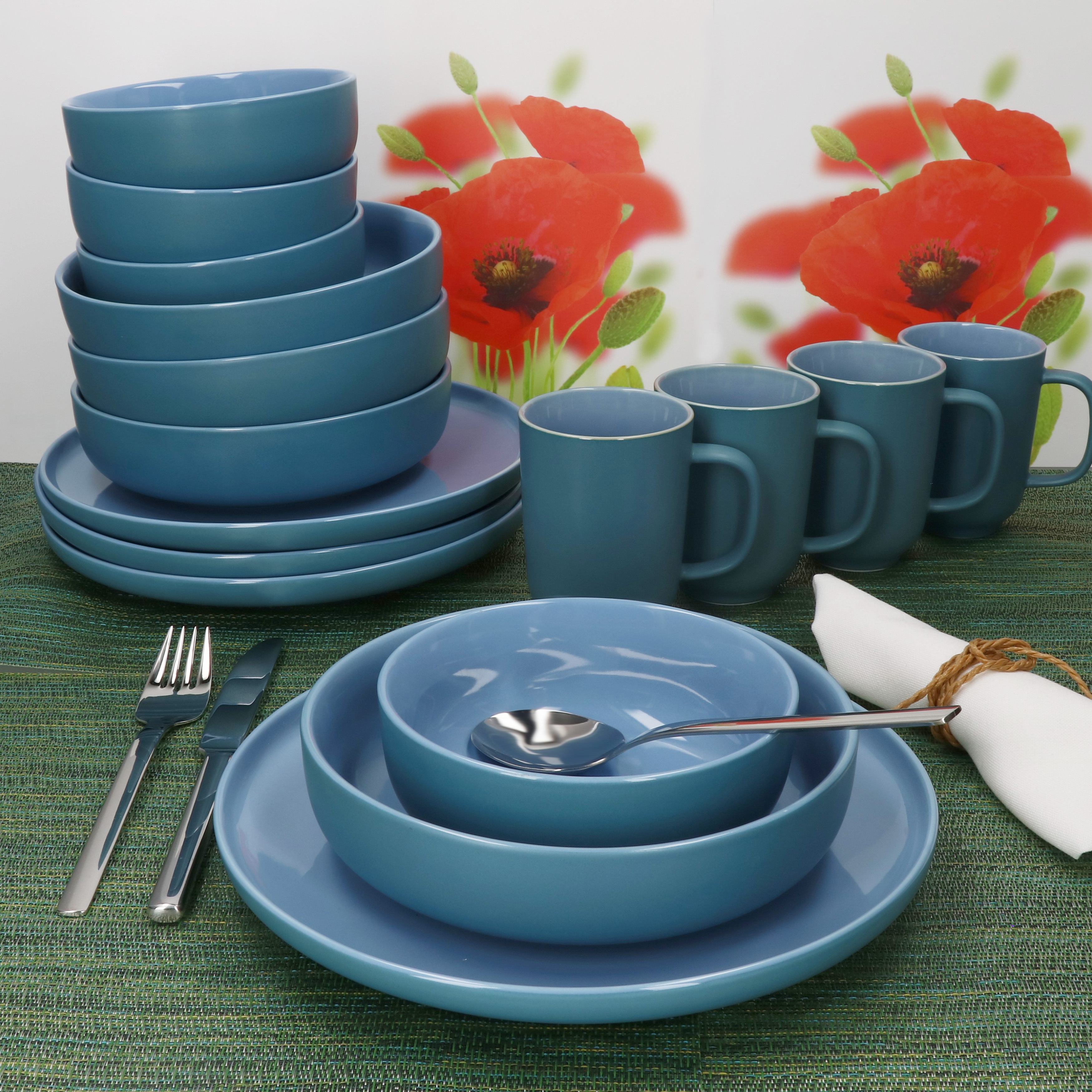 16pcs Jasper Ocean Blue Stoneware Dinner Set For , Cups, Bowls, Plates