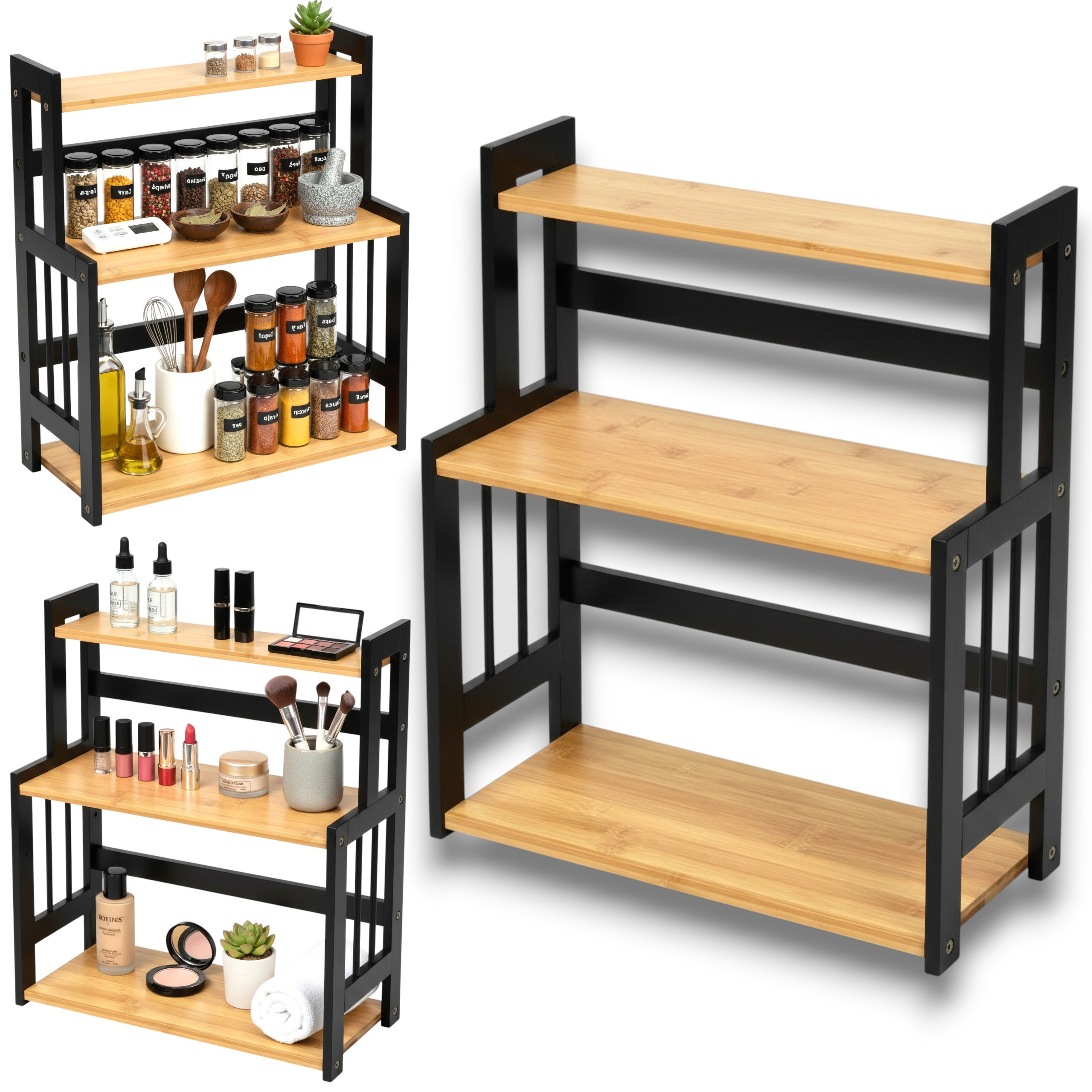 Image of Kitchen Bamboo Wooden Spice Rack Stand Shelf Bamboo Shelves For Kitchen Bamboo 3 Shelves For Spices, Jars And Small Kitchen Accessories Stable Frame Rack For Bathroom Office Room