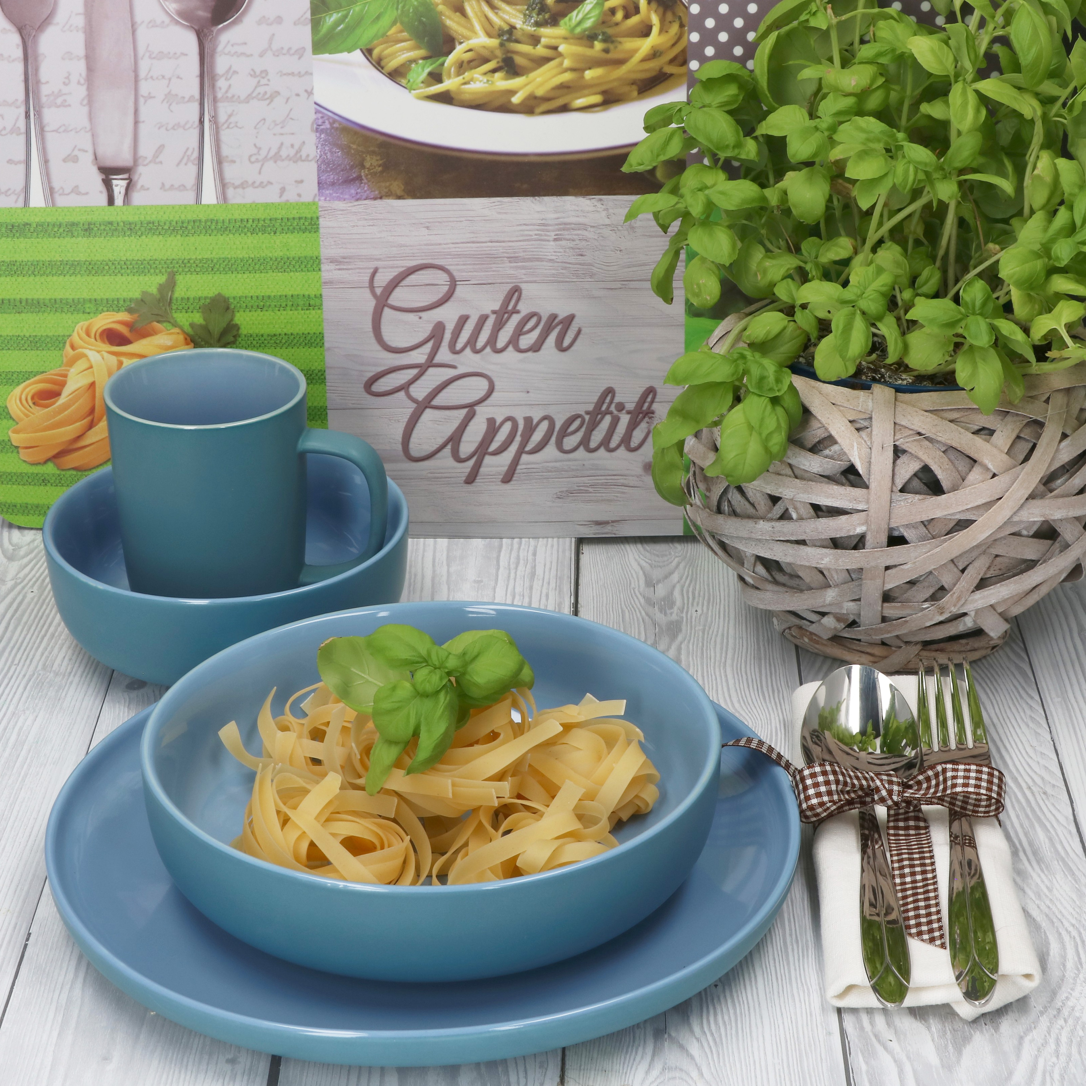 Image of 32-piece Jasper Ocean Blue Stoneware Dinnerware Set For 8, Includes Cups, Bowls, And Plates