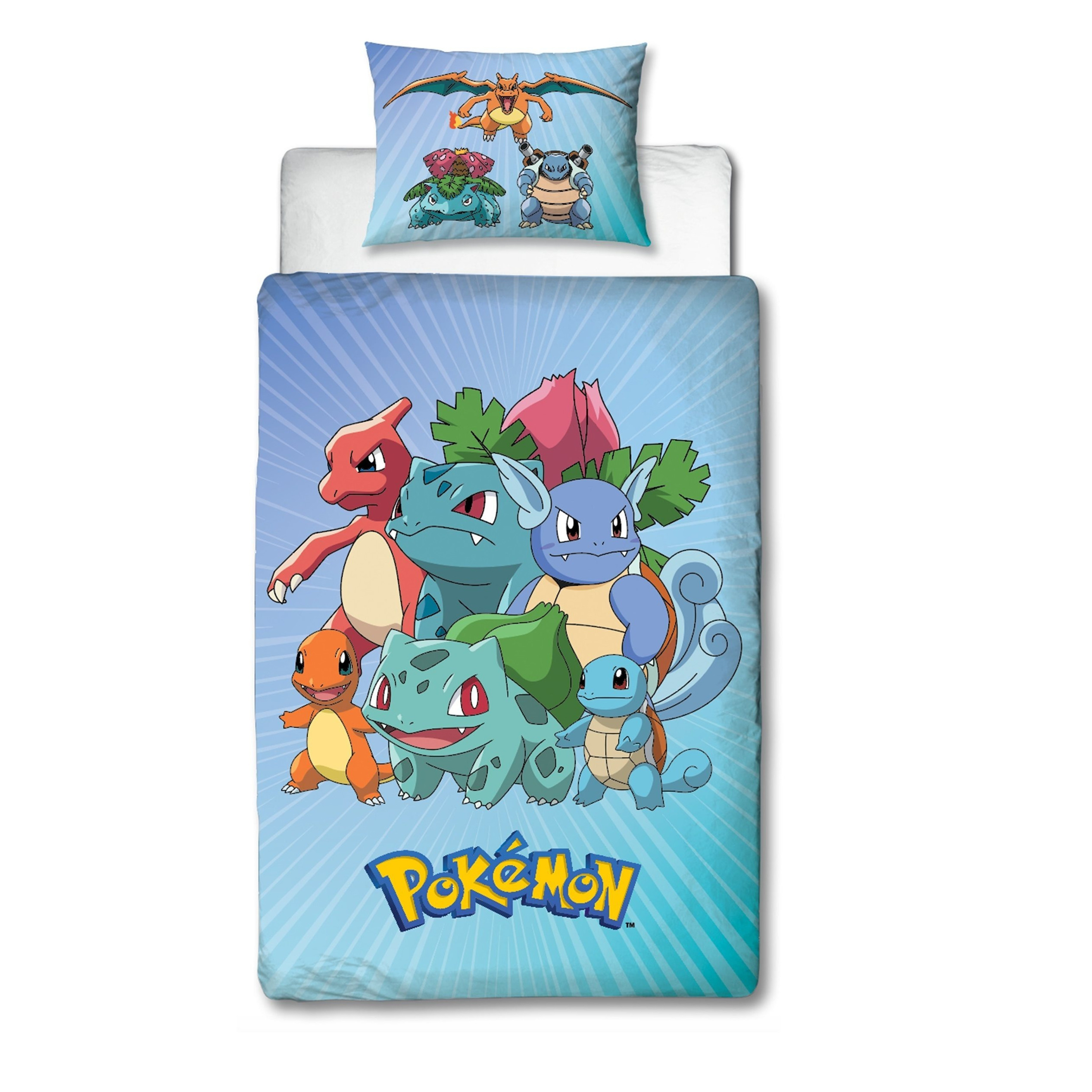 Reversible Bed Set - - Pikachu And Starter - Blue - Microfiber - 1 Duvet Cover 140 X 200 Cm + 1 Pillowcase 63