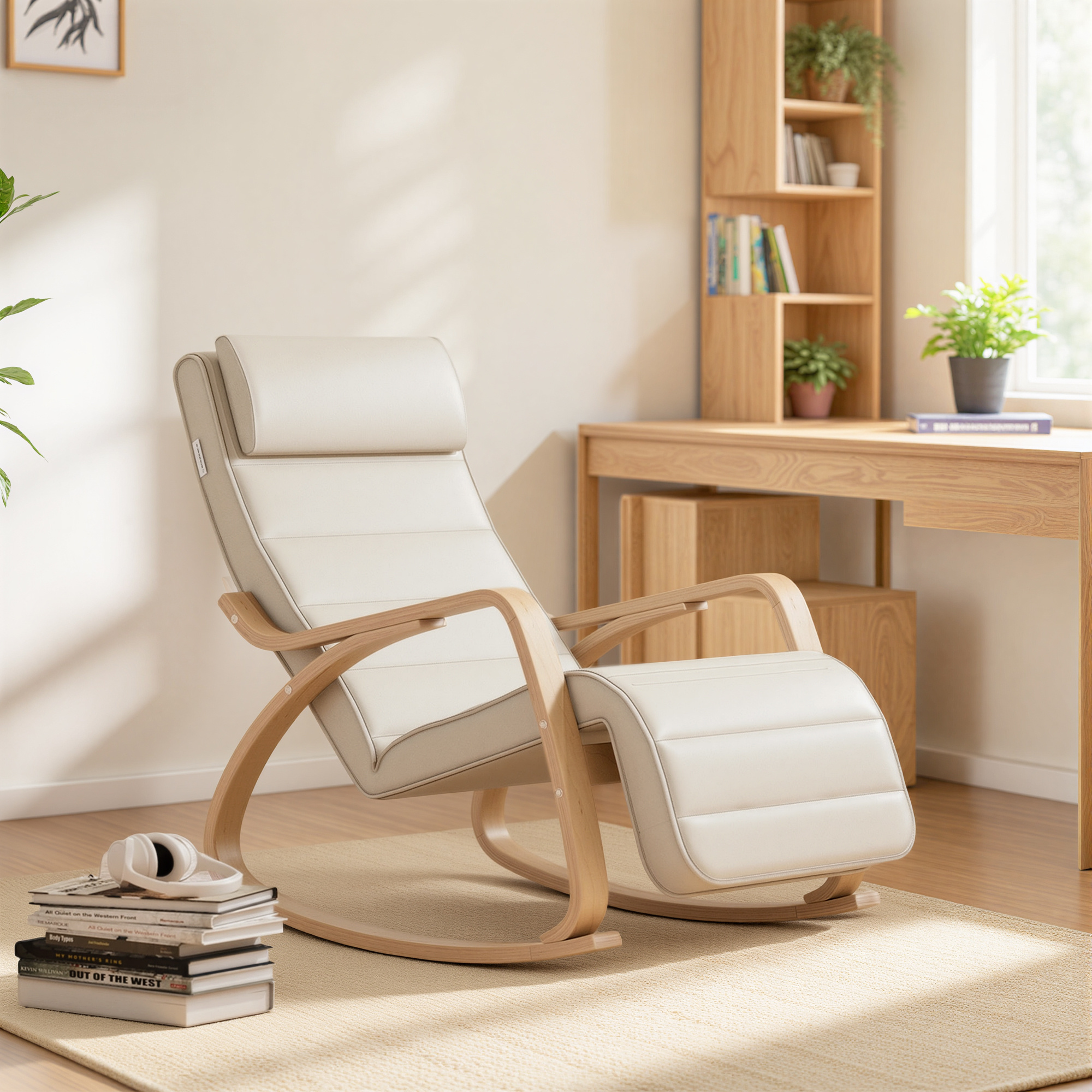 E-shop Schaukelstuhl aus Birkenholz ,5-fach verstellbare Fußstütze & Armlehnen , Premium Relaxsessel für Wohnzimmer & Schlafzimmer - Ideales