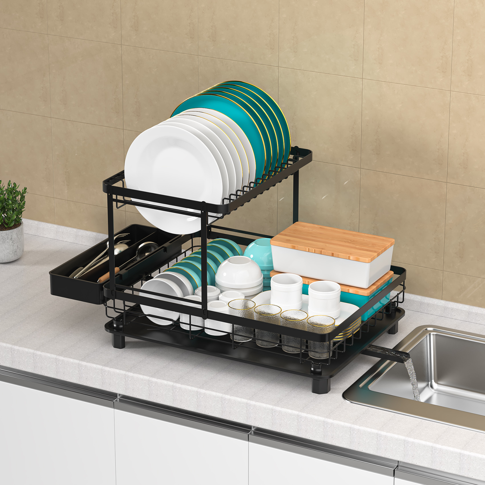 Dish Drainer Rack, 2 Tier Dish Drainer With Drip Tray And Drainer Mat, Dish Rack With Utensil Holder, Draining Board For Kitchen Counter - Perfect Gift For Women, Wife, Mother's Day Kitchen Gadget