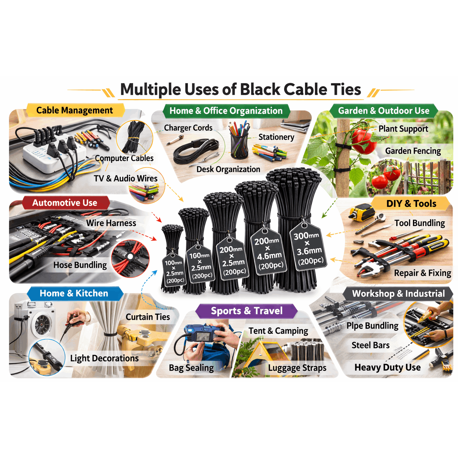 1500 High-Strength Nylon Cable Ties, Multiple Sizes