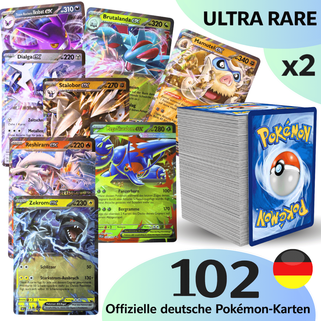 E-shop Pokémon Karten: - Set mit 102 Karten: 2x Ultra Selten EX Glänzend + 10x Glänzend (/) + 90 Gewöhnliche/Ungewöhnliche Pokémon Karten - Zufällige