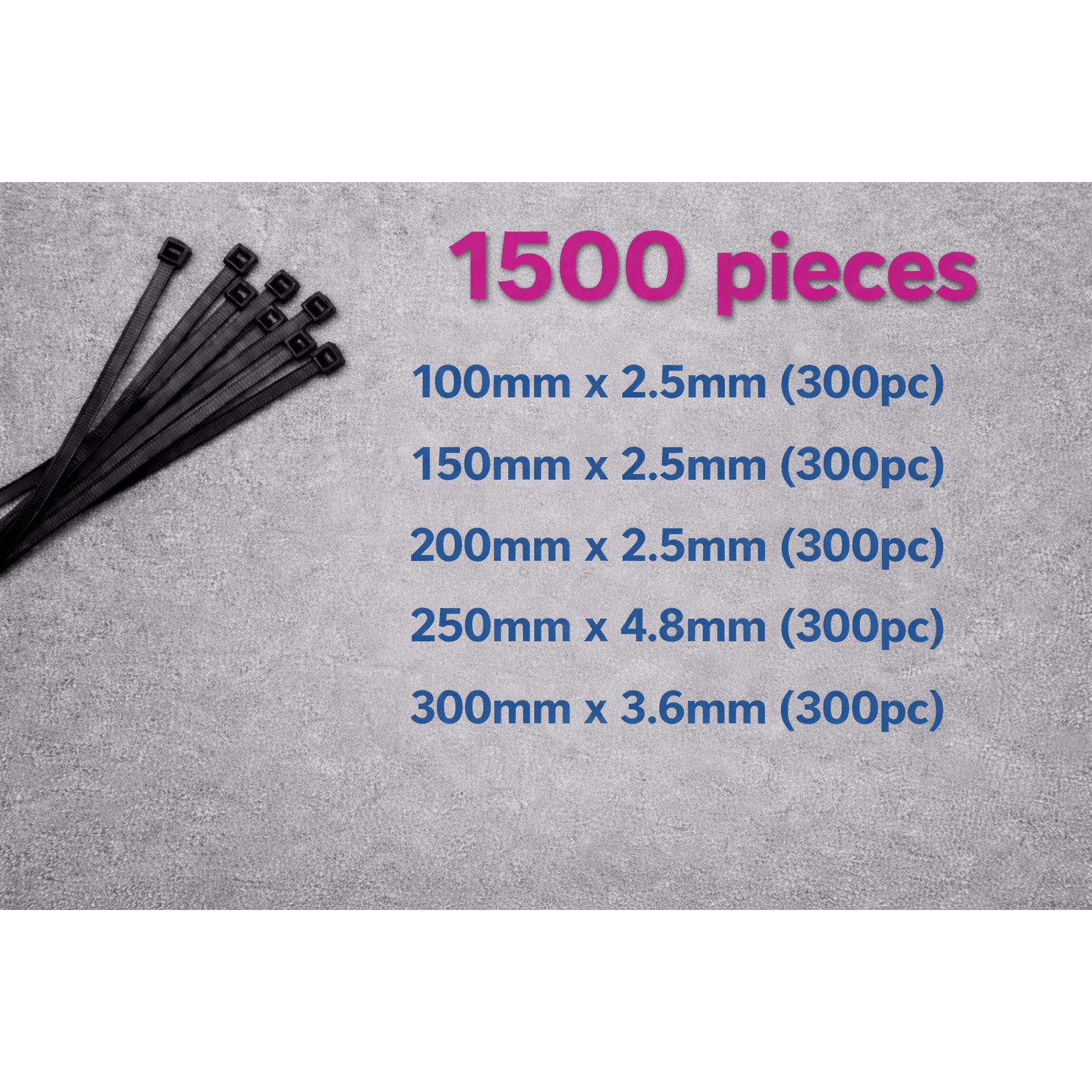 1500 High-Strength Nylon Cable Ties, Multiple Sizes