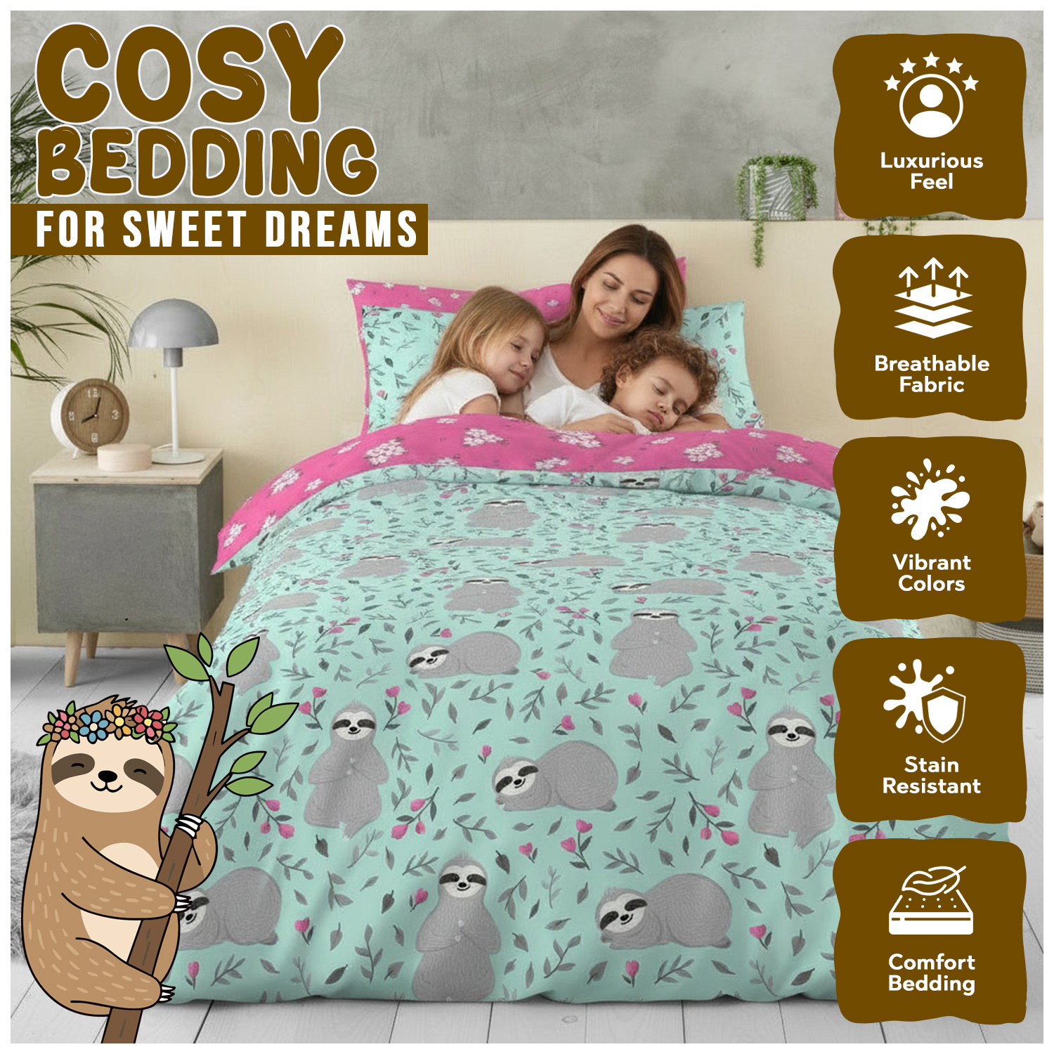TEMU Kids Sloth Bedding Set Single Size | Cute Animal Reversible Duvet Cover & Pillowcase | Soft Cotton Mix Quilt Cover For | Comfortable Lightweight