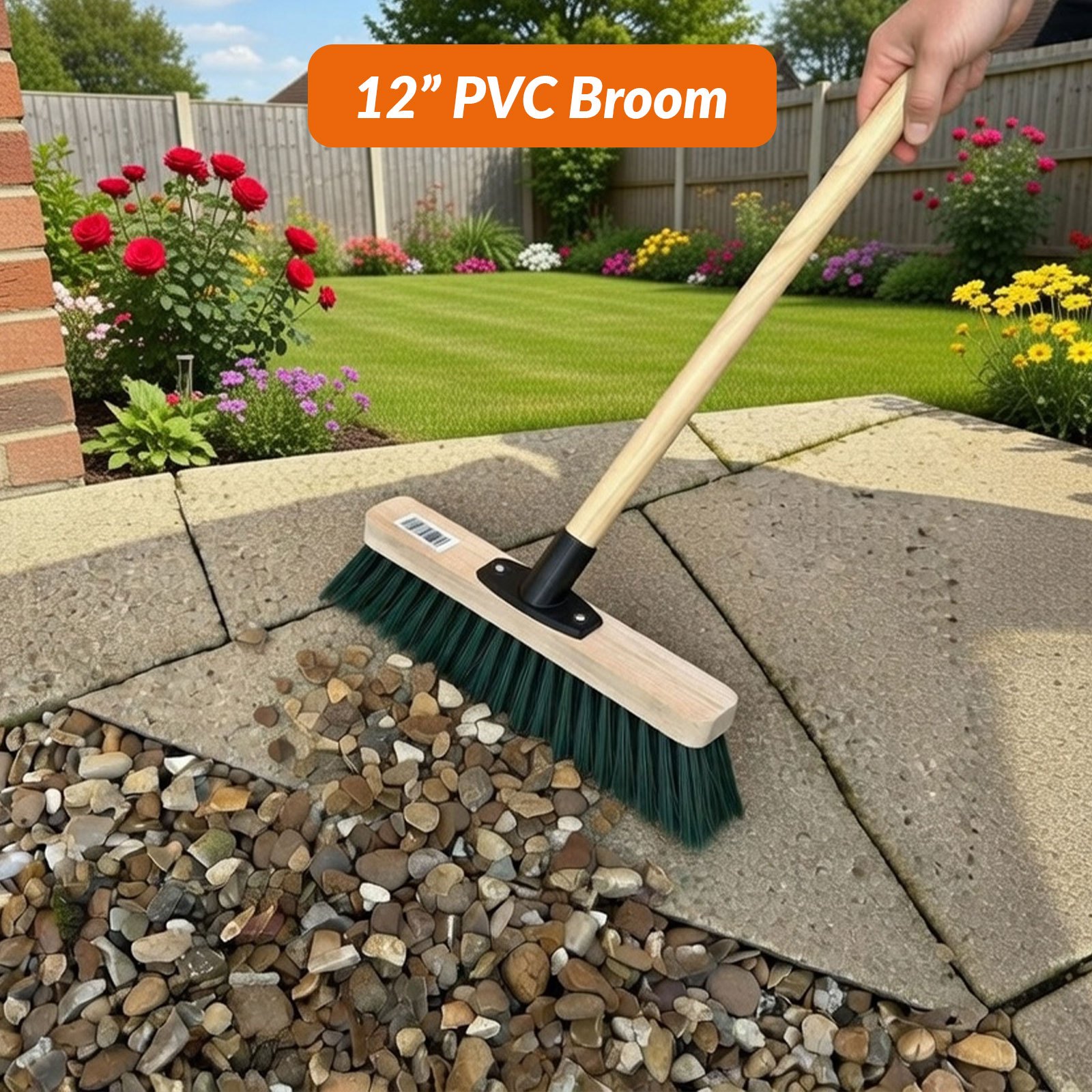 TEMU 12” Sweeping Brush Outdoor Broom Heavy Duty Pvc Bristles Yard Brush With Wooden Handle Garden Brooms For Cleaning Patio Yards Warehouse And