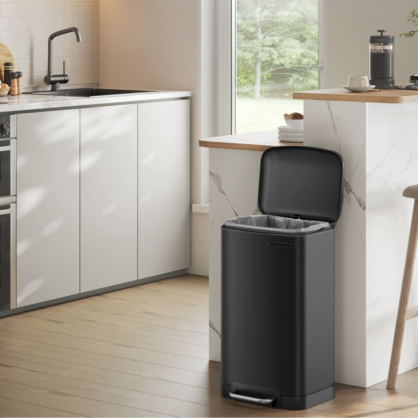 E-shop Mülleimer, 30 l, mit Pedal aus Stahl, Inneneimer und Deckel, Griff, Herausnehmbarer Innenbehälter,, luftdicht, für Küche, Wohnzimmer, Schwarz