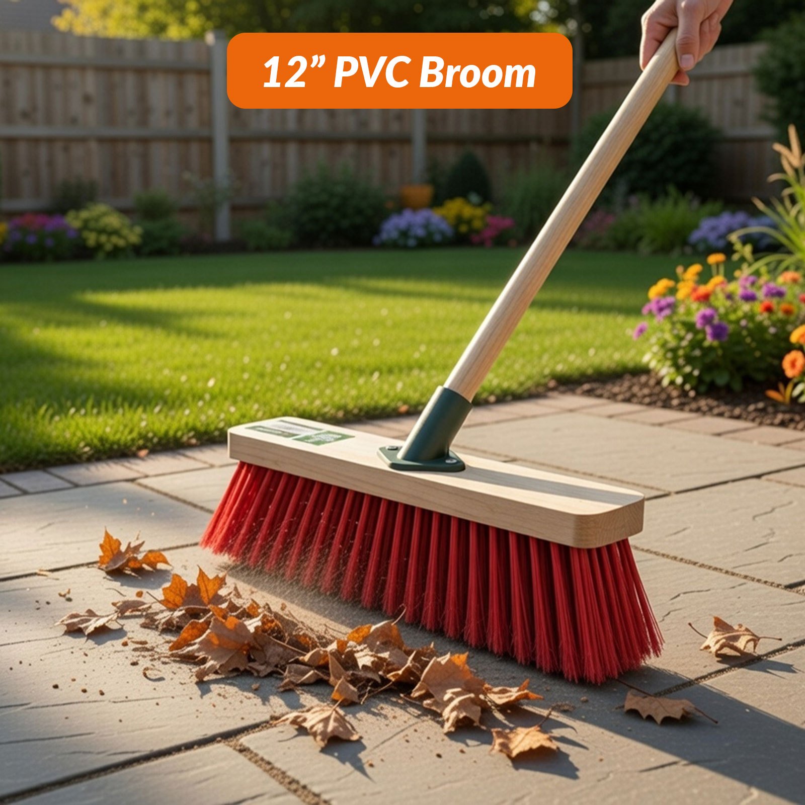TEMU 12'' Outdoor Yard Broom With Wooden Handle Strong Pvc Bristle Sweeping Brush For Cleaning Patio Driveway Garage Warehouse And Garden Areas