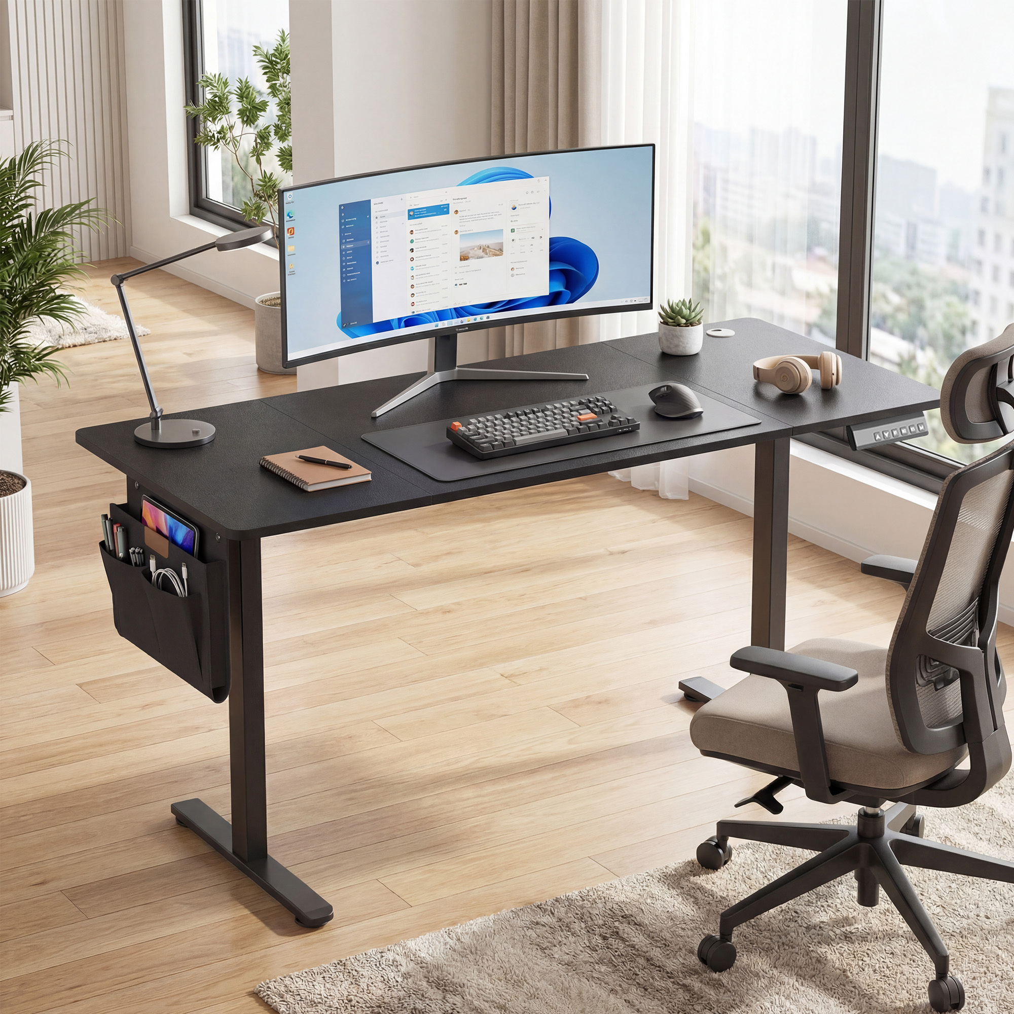 E-shop Höhenverstellbarer Schreibtisch elektrisch, 160 x 70 cm, Verstellbarer Tisch, Memory-Funktion für 4 Höhen, für Büro, tintenschwarz /vintagebraun
