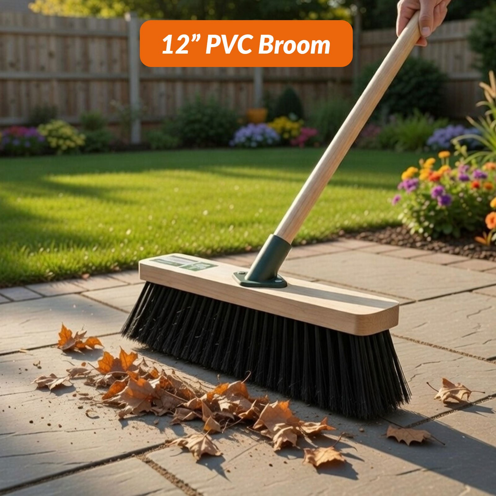 TEMU 12'' Outdoor Yard Broom With Wooden Handle Strong Pvc Bristle Sweeping Brush For Cleaning Patio Driveway Garage Warehouse And Garden Areas