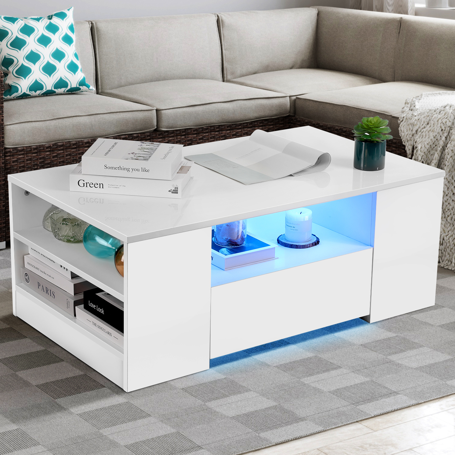 Image of Coffee Table With 2 Drawers, White High-gloss Side Table With Led Lights, Sofa Table For Living Room, Rectangular Center Table With 6 Open Shelves, Living Room Table, Home Office Furniture