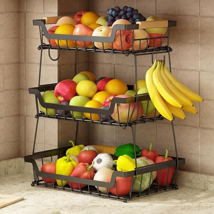 E-shop 3 Etagen Obstkorb mit 2 Bananenhaken für die Küche, abnehmbare Metall-Aufbewahrungstasche für Brot, Gemüse und Obst mit Holzgriffen, große