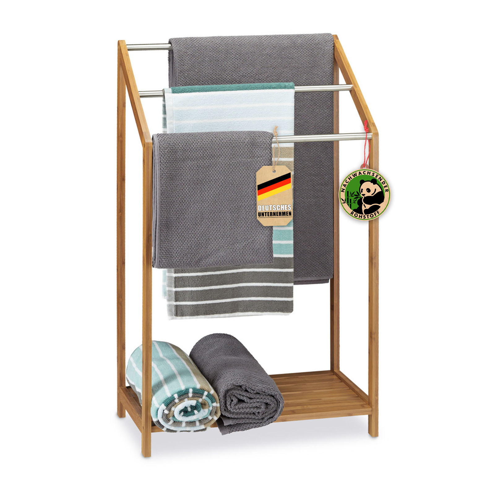 Bamboo Towel Holder - With 3 Stainless Steel Rods - Freestanding Towel Stand With Shelf - Bathroom, Guest Toilet & Small Rooms - T31xb51xh85 Cm