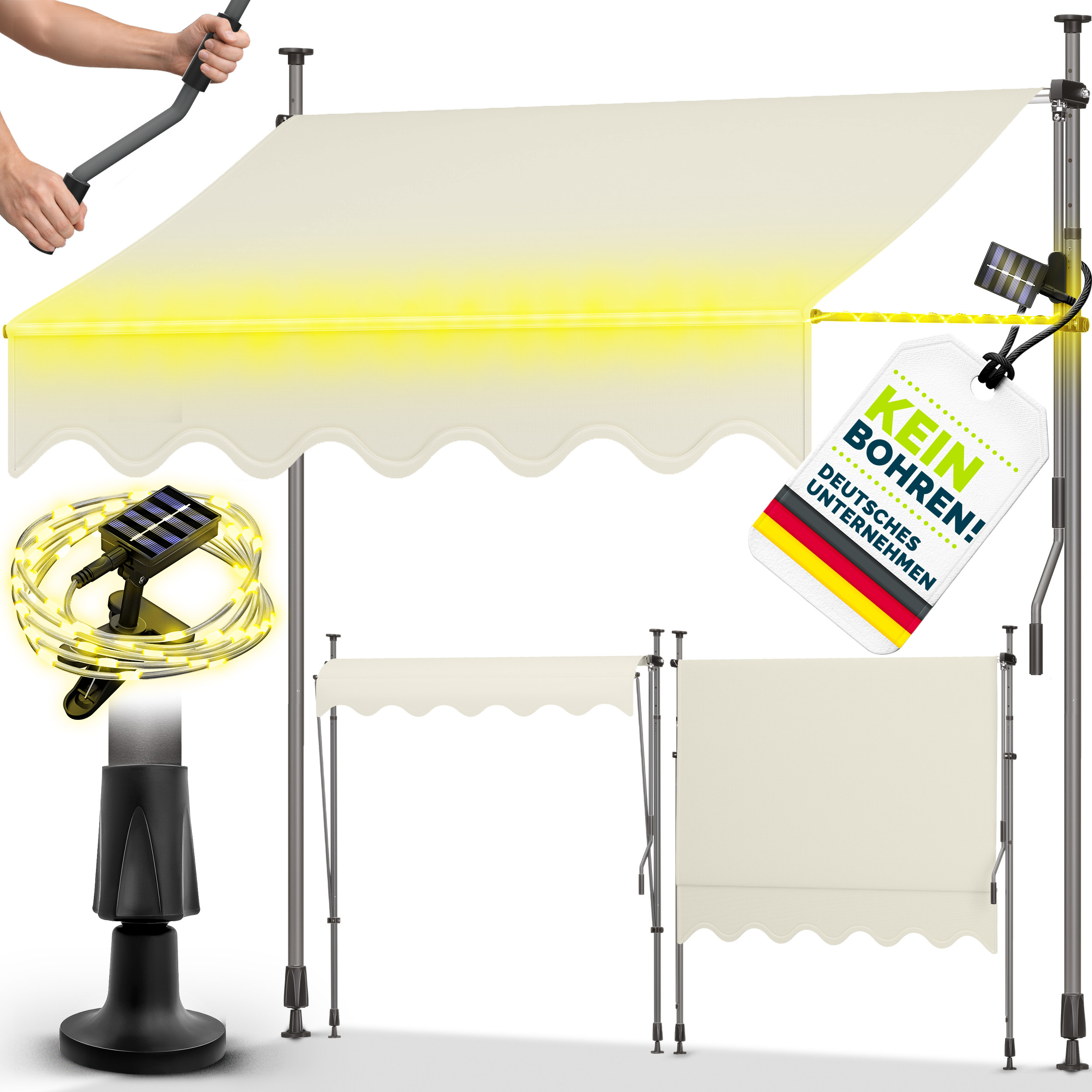 Tillvex® Retractable Awning Balcony With Led Solar & Hand Crank | Balcony Awning Without Drilling | Awning Uv-resistant & Height-adjustable | Sun Protection Terrace Waterproof