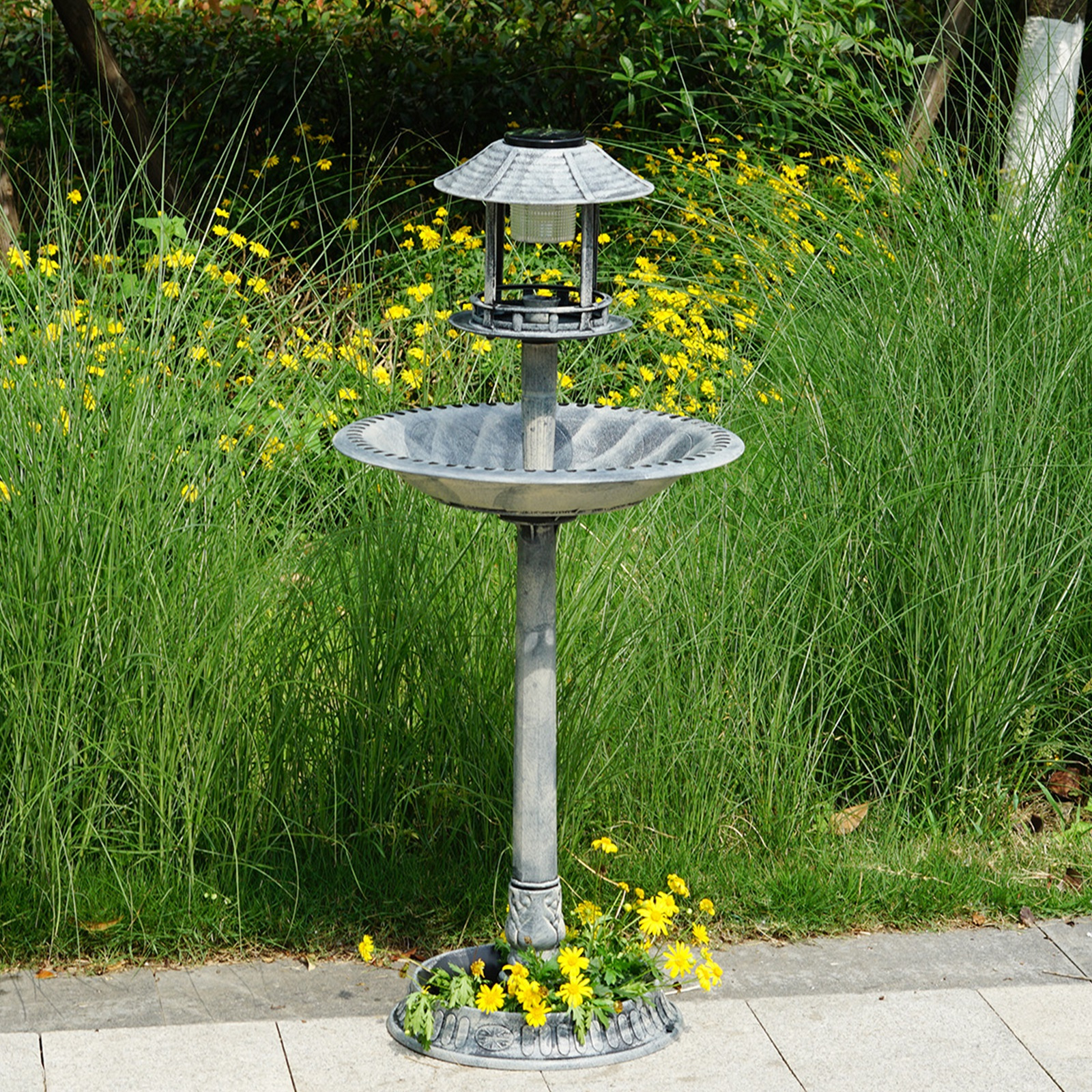 TEMU Grey Pedestal Bird Bath Feeder Planter Solar Light Garden Feeding Table Station