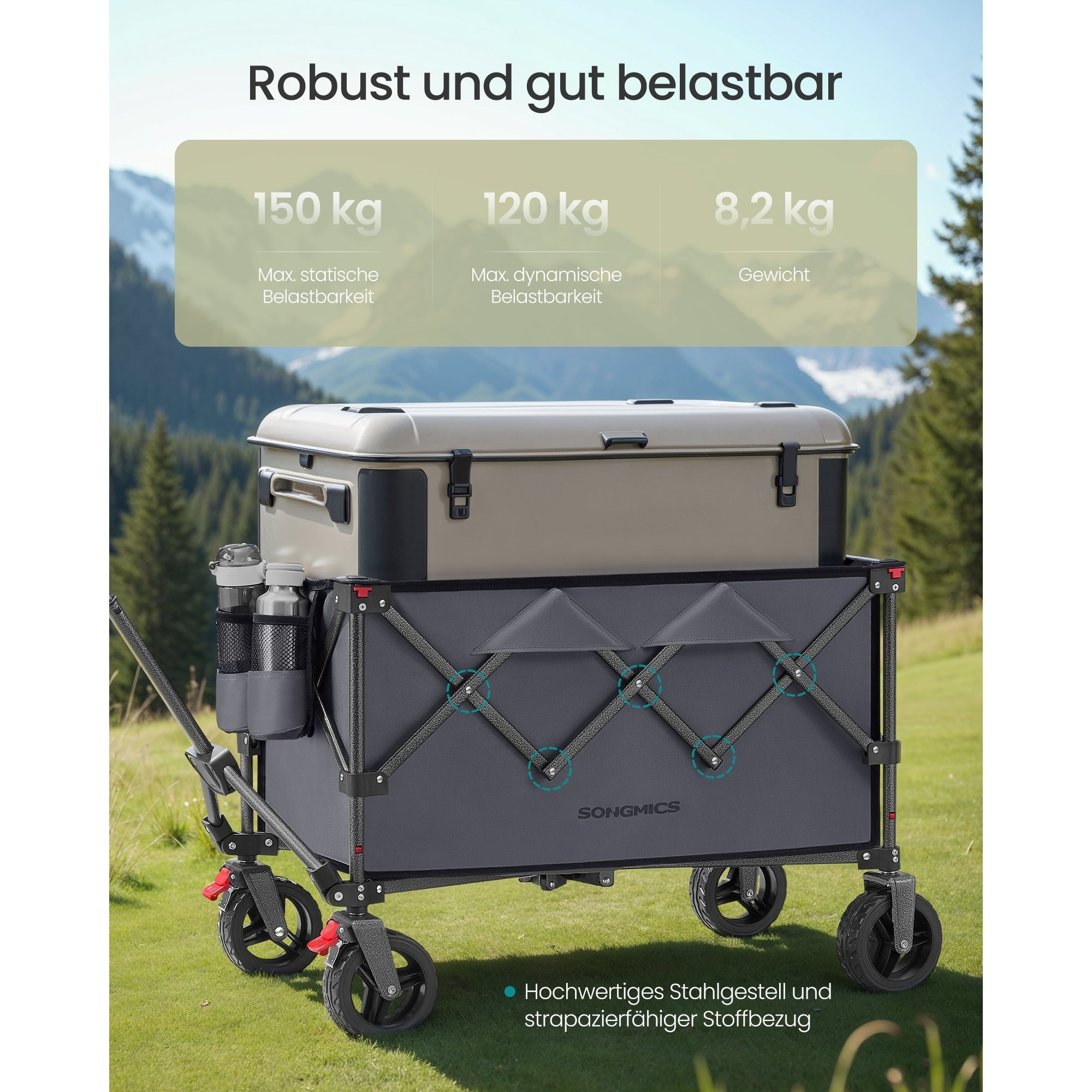 E-shop Campingwagen, Handwagen, , 150 Liter, Tragkraft 150 kg, Gartenwagen, Campingwagen mit Griff, 4 abnehmbare Räder, platzsparend, für den