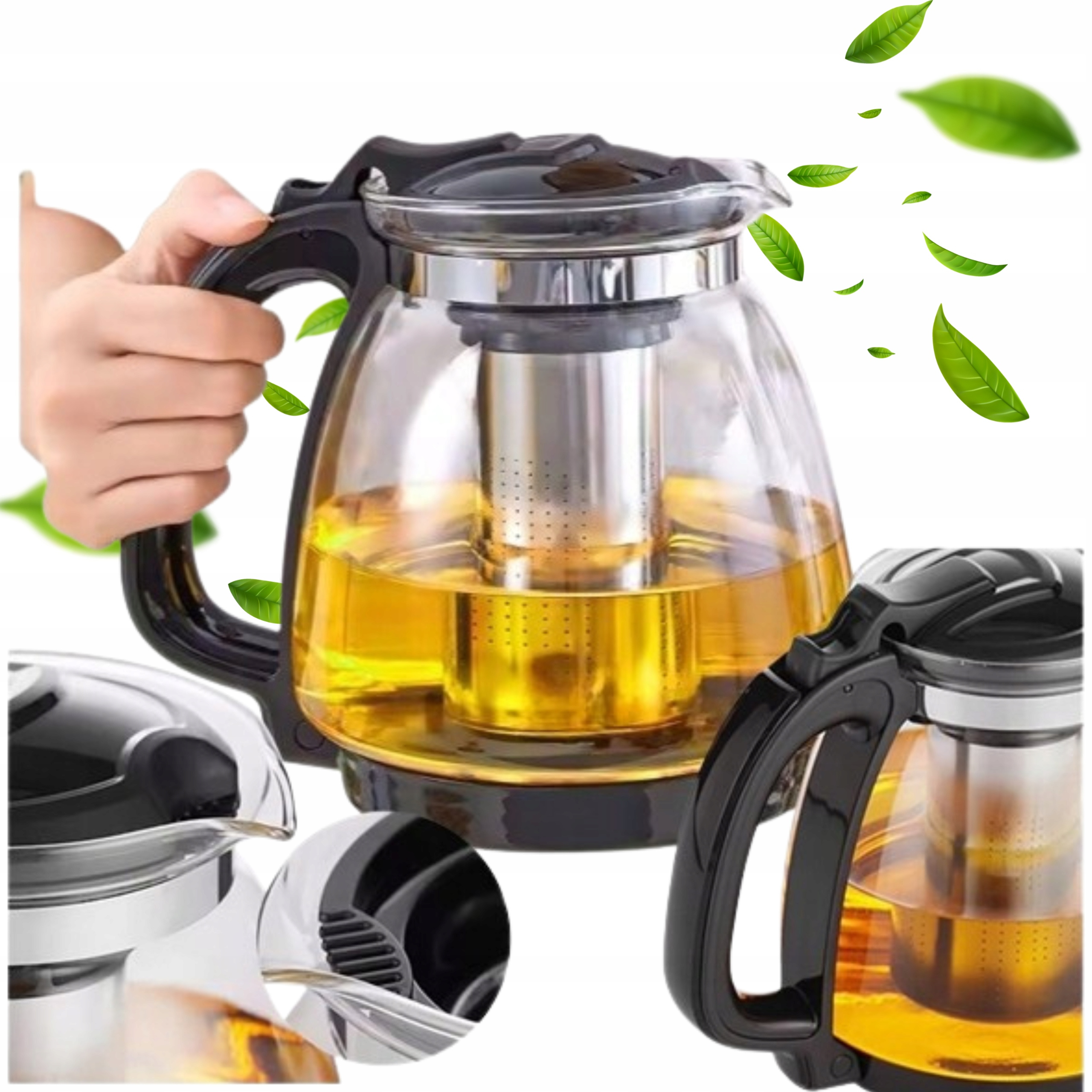 Glass Teapot With Infuser 900 Ml For Tea, Coffee And Herbs - Jug With Stainless Steel Filter, Non-heated Handle, Transparent Glass, Black/silvery, 1pc.