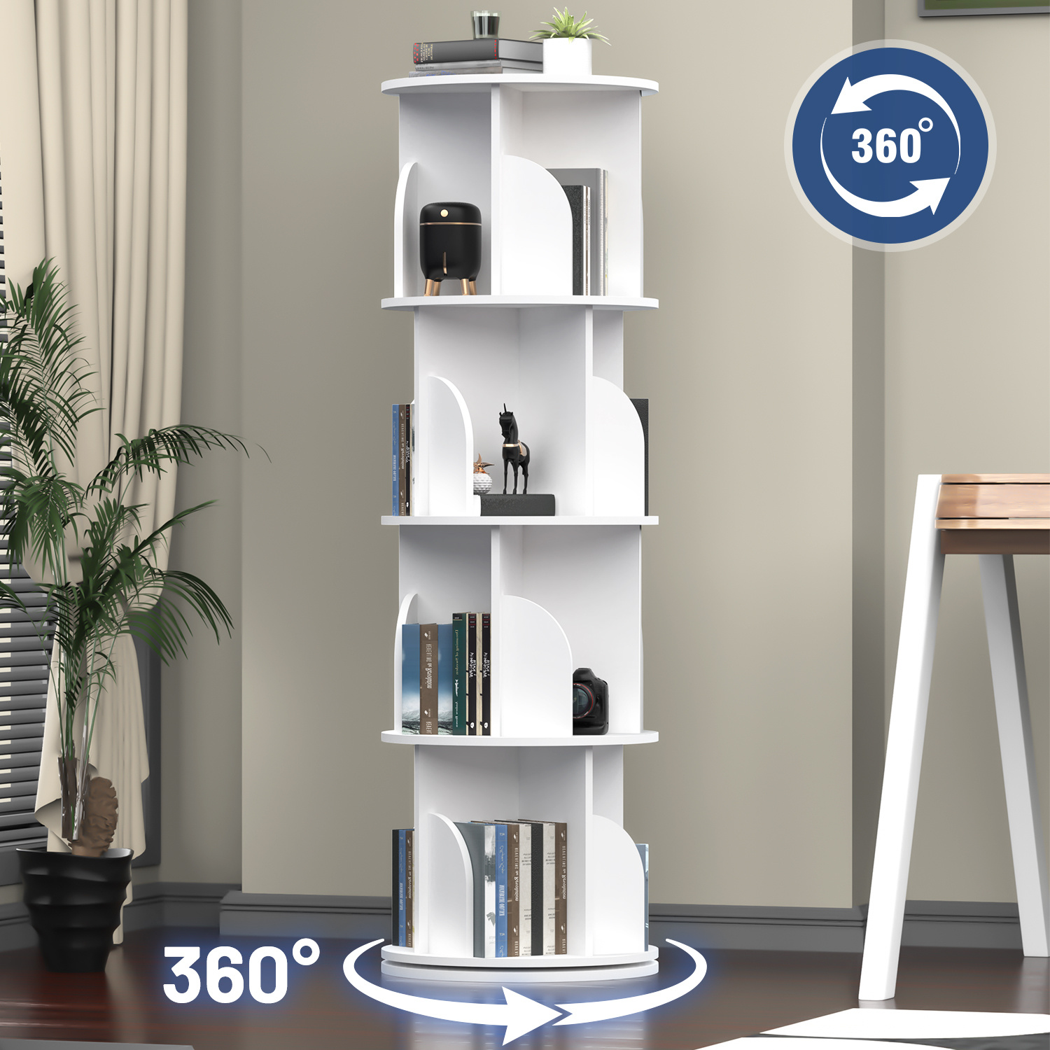 TEMU Modern Rotating Bookshelf Room Divider, 360° Rotatable Standing Shelf, Office Shelf, Decorative Shelf With 2/4 Adjustable Height Shelves For Bedroom, Living Room, 40x128x40cm, White